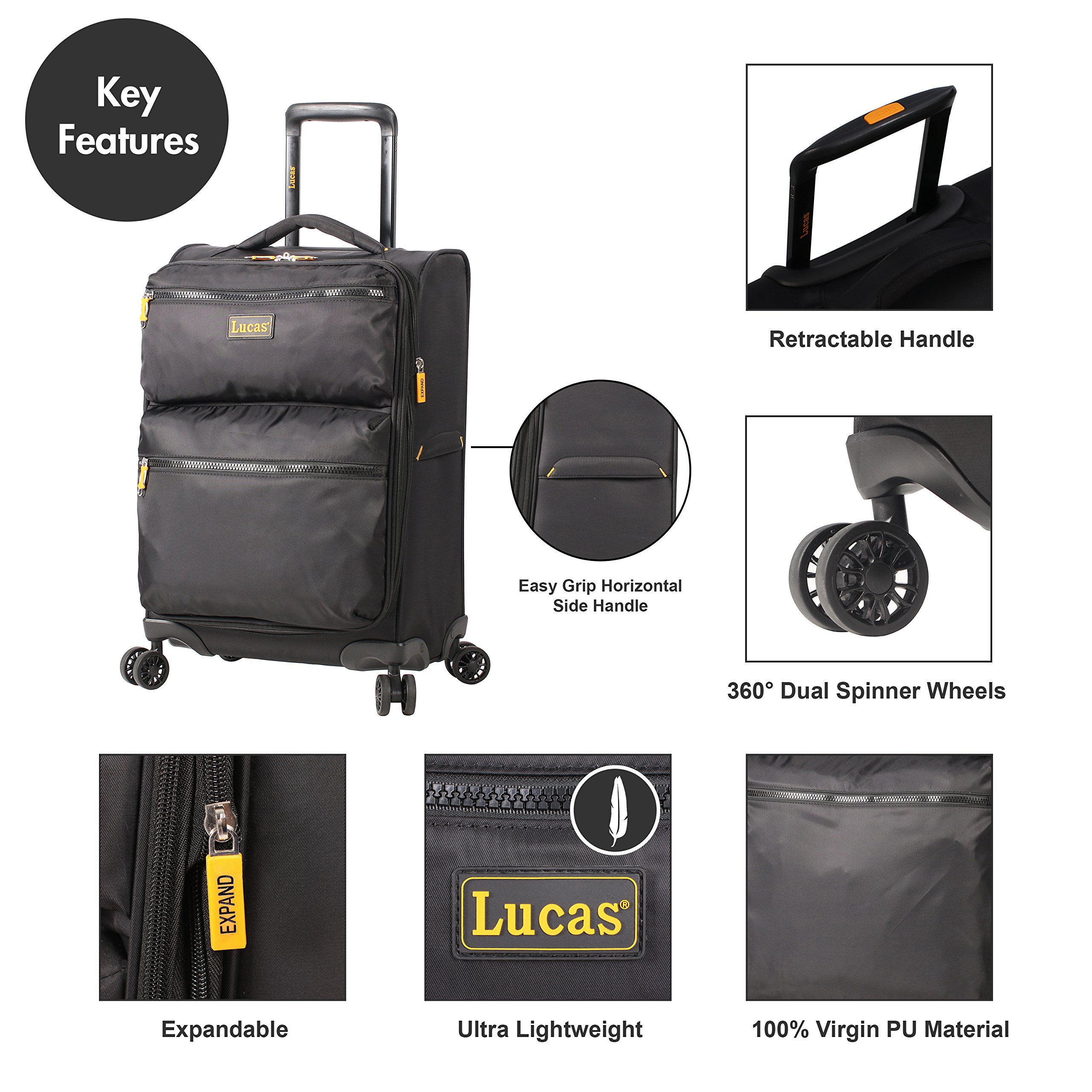 Ultra Lightweight 20 Inch Expandable Carry On Luggage - Softside Spinner Suitcase with 8 Durable Wheels - Fits Most Airline Overhead Compartments - Perfect for Business Travel & Weekend Getaways (Black)