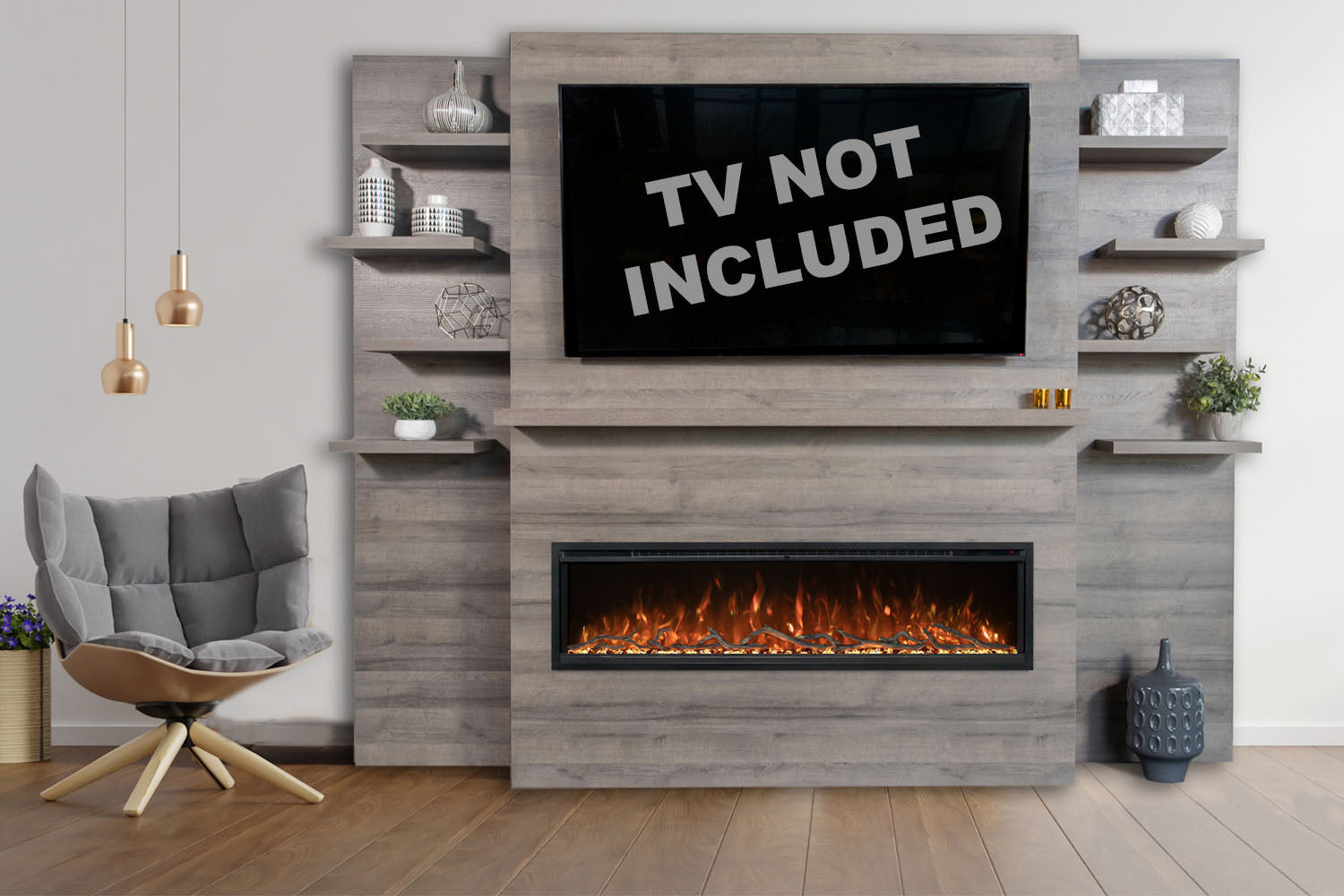 Modern Flames Allwood Fireplace Media Wall in Driftwood Gray | 60-Inch Spectrum Electric Fireplace Insert with Remote - Perfect for Living Room, Bedroom & Home Theater Entertainment