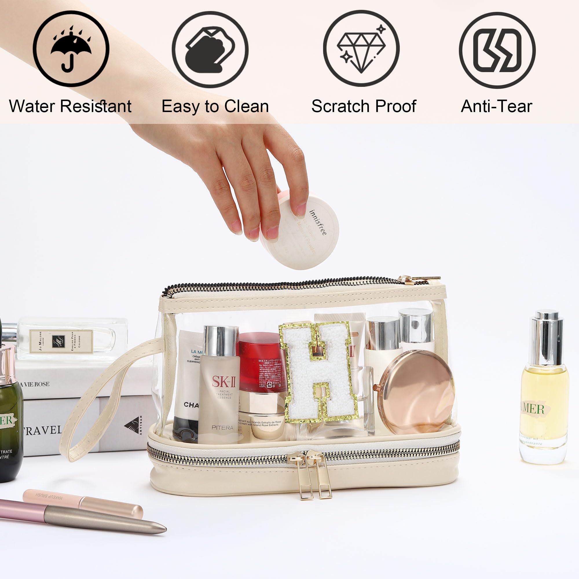 Waterproof Travel Toiletry Bag for Women - TSA Approved Clear Makeup Cosmetic Organizer with Brush Holder | Perfect for Airplane Carry-On, Gym, Beach & Vacation Essentials