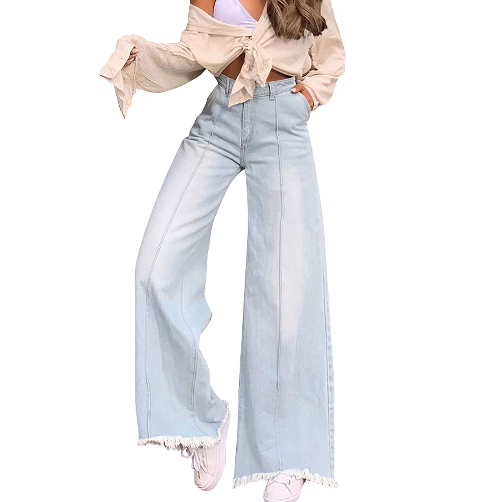 Women's High Waist Wide Leg Jeans - Stretch Denim Pants with Loose Fit & Distressed Hem for Casual Outfits & Streetwear Fashion