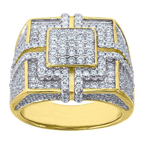 925 Sterling Silver Men's Cubic Zirconia Simulated Diamond Cluster Ring - Yellow Tone Round CZ Band, Sizes 7-12 - Perfect Gift for Him, Wedding, Anniversary & Everyday Wear