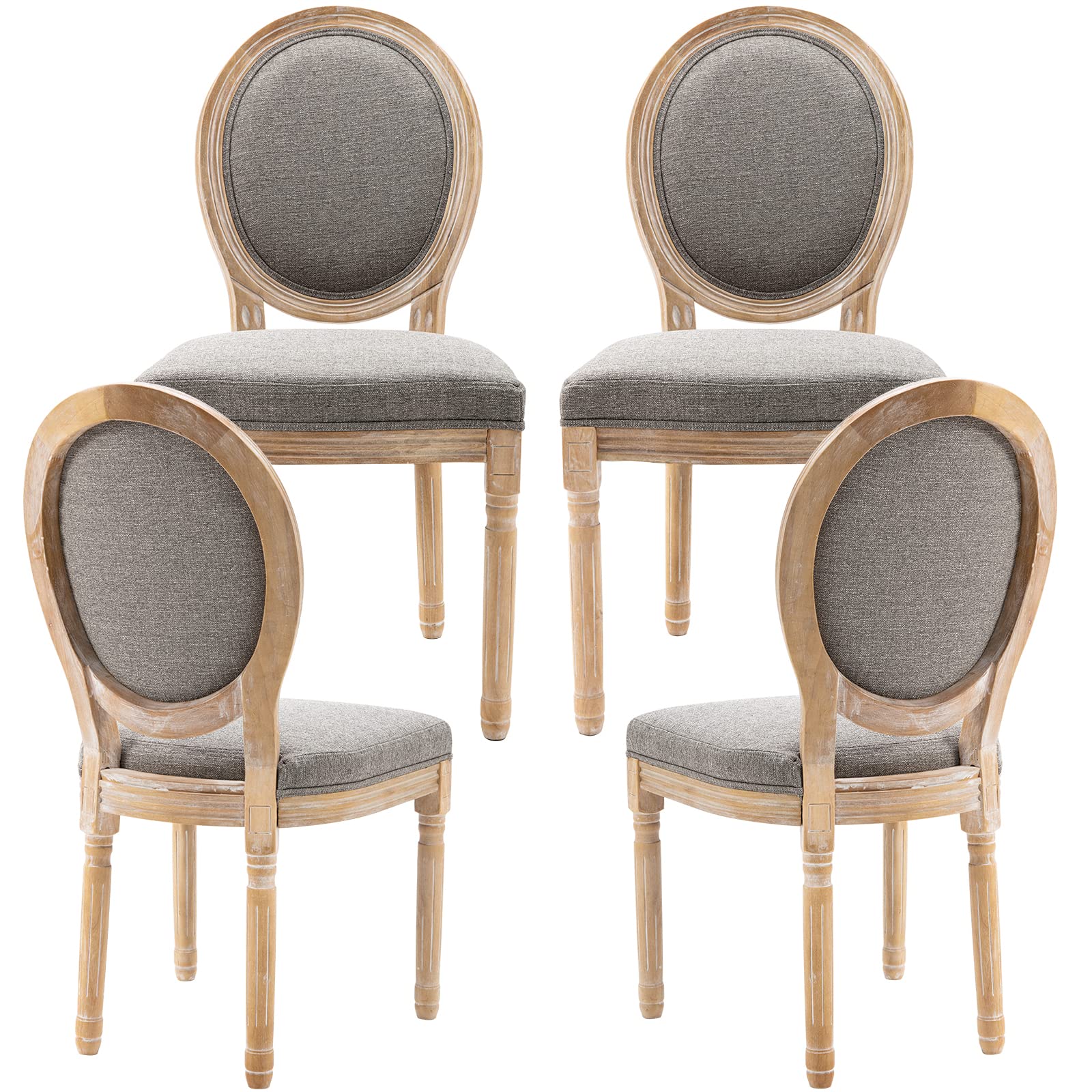 Guyou 4-Piece Upholstered Dining Chairs Set - Distressed Driftwood French Country Vintage Style with Round Fabric Back, Grey - Perfect for Kitchen, Dining Room & Living Room Accent Seating