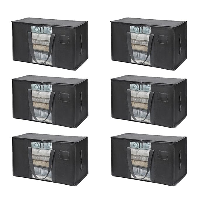 Elebac Heavy-Duty Moving Bags & Storage Boxes with Lids - 6 Pack Black - Durable Packing Boxes for Clothes, Camping, College Dorm & Home Organization - Perfect for Moving, Storage & Travel Essentials