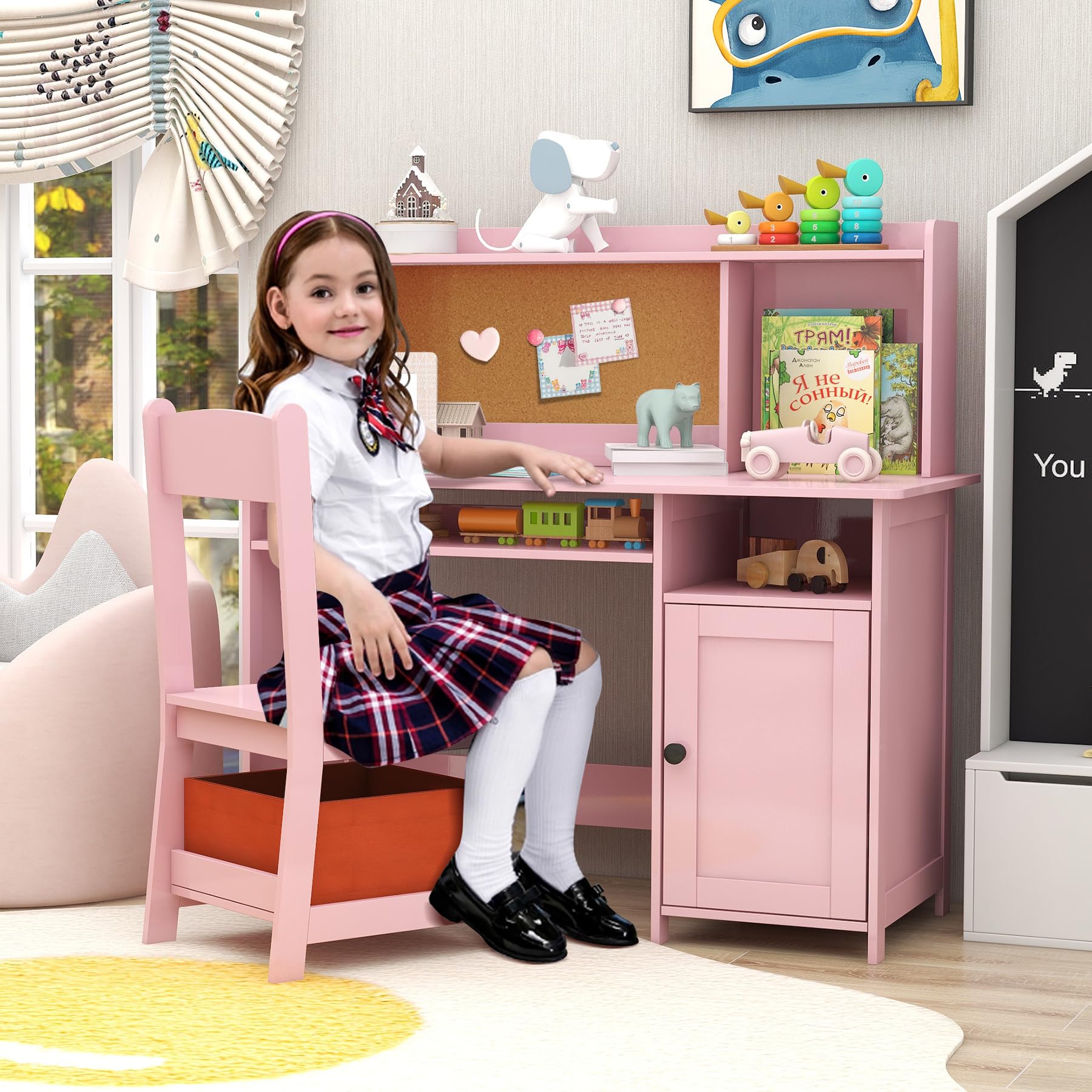 Pink Wooden Toddler Table and Chair Set for Kids - Study Desk with Storage, Craft Table, Kids Bedroom Furniture - Perfect Gift for Girls (Pink) - Ideal for Homeschooling, Arts & Crafts, and Playroom Activities