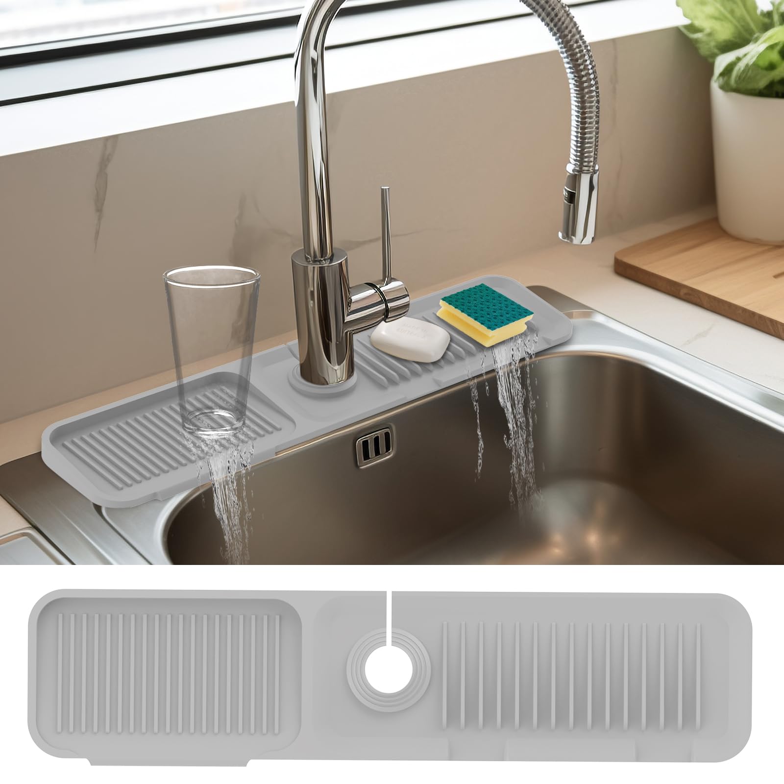 24 Inch Silicone Faucet Mat for Kitchen Sink - 5°Slope Fast Draining Splash Guard Behind Faucet, Non-Slip Sink Protector Mat for Kitchen & Bathroom (Gray) - Perfect for Countertop Protection & Water Splash Prevention