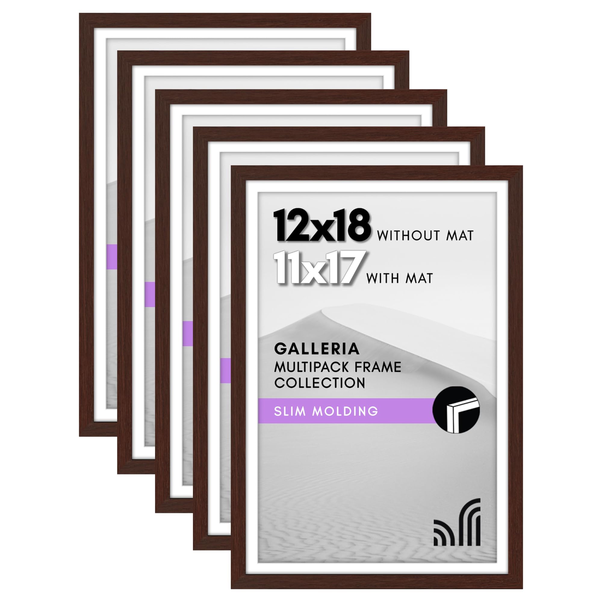 Americanflat 12x18 Poster Frame Set of 5 with Polished Plexiglass - Mahogany Gallery Wall Frames for 11x17 with Mat or 12x18 Without Mat - Premium Galleria Collection - Perfect for Home Decor, Office Display & Art Exhibition Wall Arrangements
