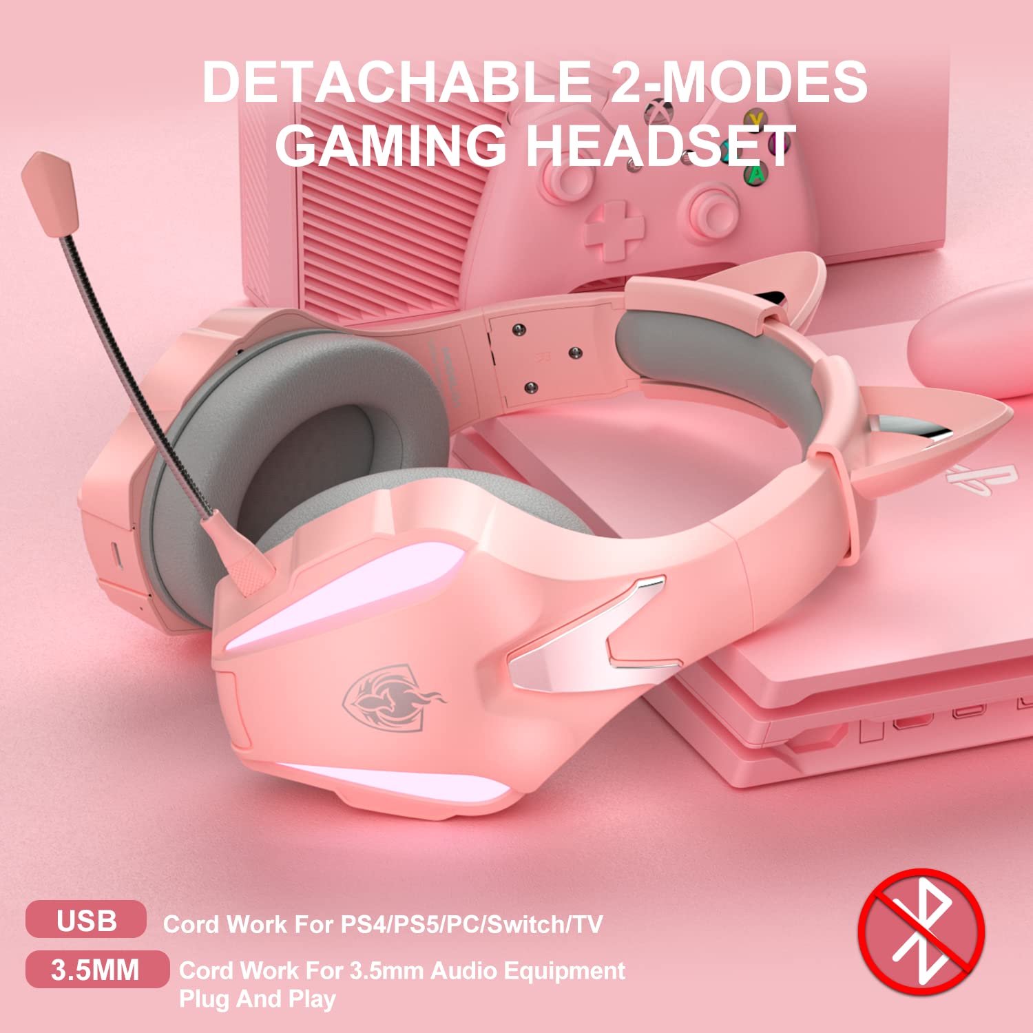 PHOINIKAS Wireless Gaming Headset for PS4, PS5, PC, Nintendo Switch & Xbox Series - 2.4GHz Wireless Headphones with Detachable Noise Canceling Mic, 7.1 Surround Sound, 3.5mm Wired Mode (Pink & Grey) - Perfect for Competitive Gaming, Streaming & Late-Night Sessions