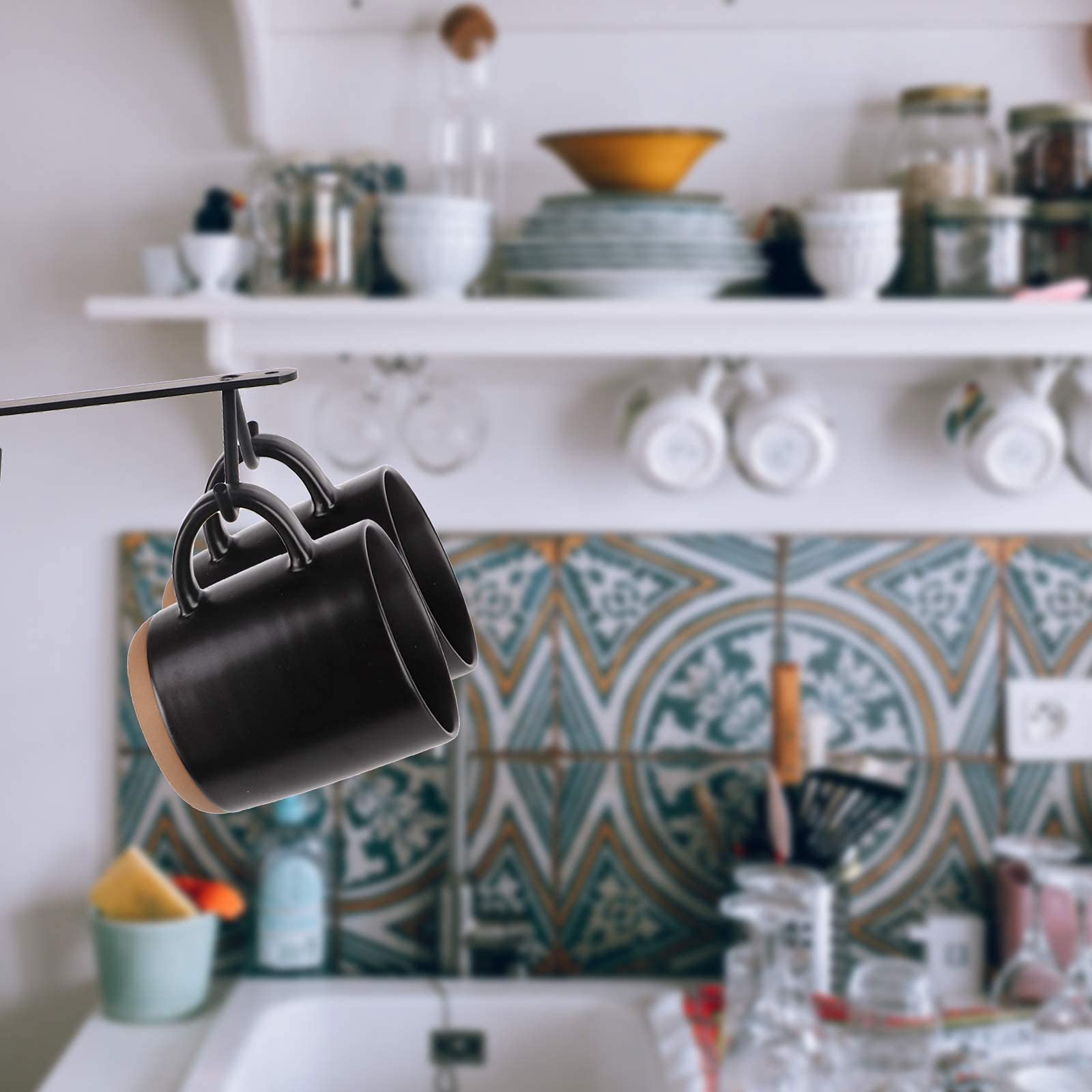 Dedoot 4-Hook Under Cabinet Mug Holder Set of 2 - Black Metal Coffee Cup Rack for Mugs, Cups & Kitchen Utensils - Perfect for Small Kitchen Organization & Space Saving Storage