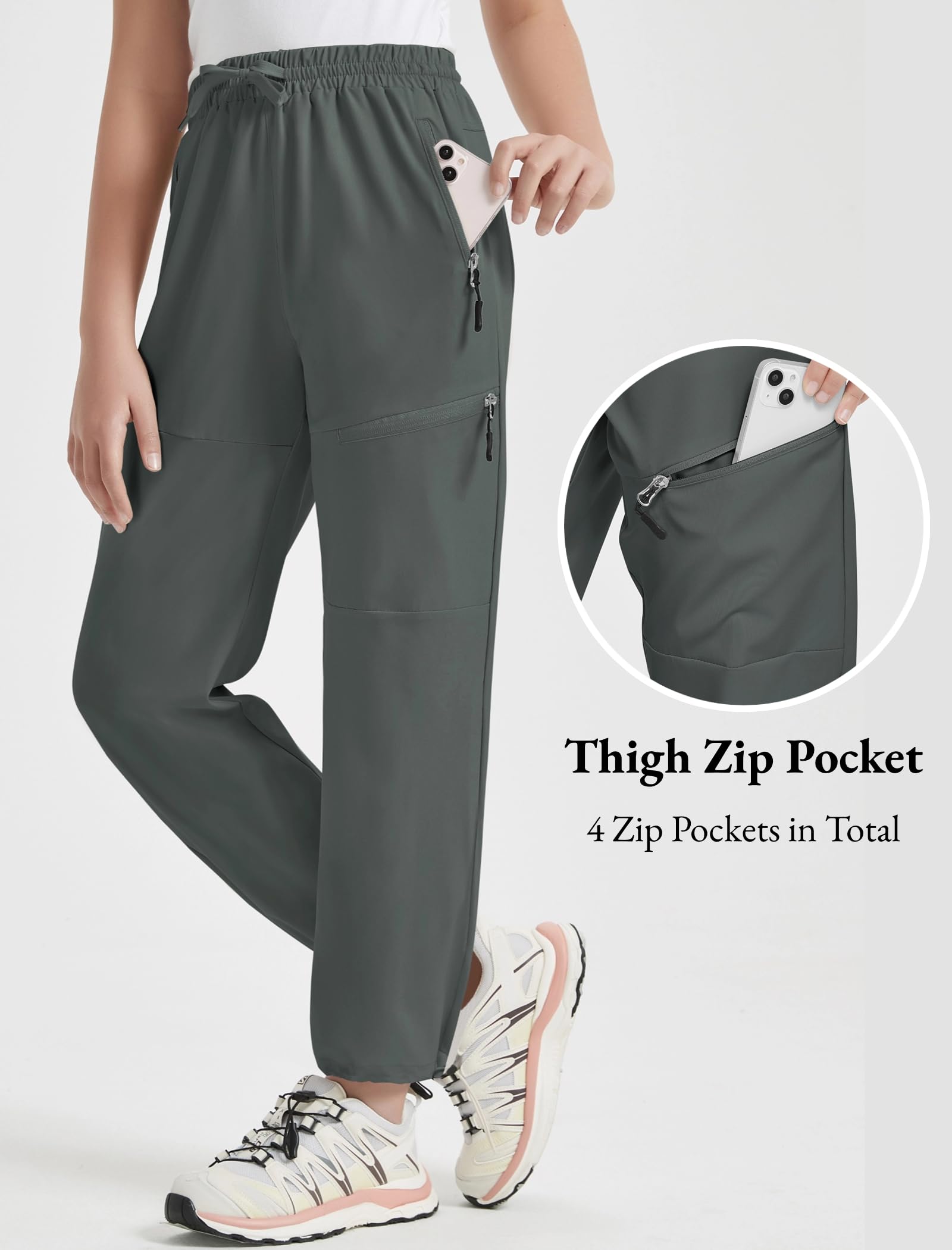 EXARUS Girls Water Resistant Jogger Pants - Quick Dry Lightweight Hiking Pants with Zip Pockets for Kids 6-14 Years | High Waisted Athletic Pants for Outdoor Activities, School & Play