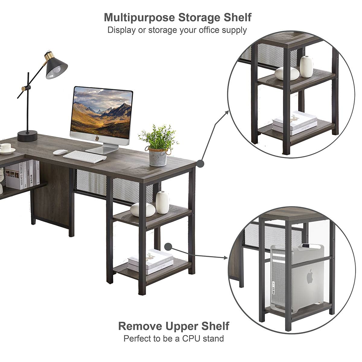 FATORRI 59 Inch L-Shaped Computer Desk with Wood Shelves & Metal Legs - Industrial Reversible Corner Desk for Home Office (Walnut Brown) - Perfect for Small Spaces, Gaming Setup & Workstation Organization