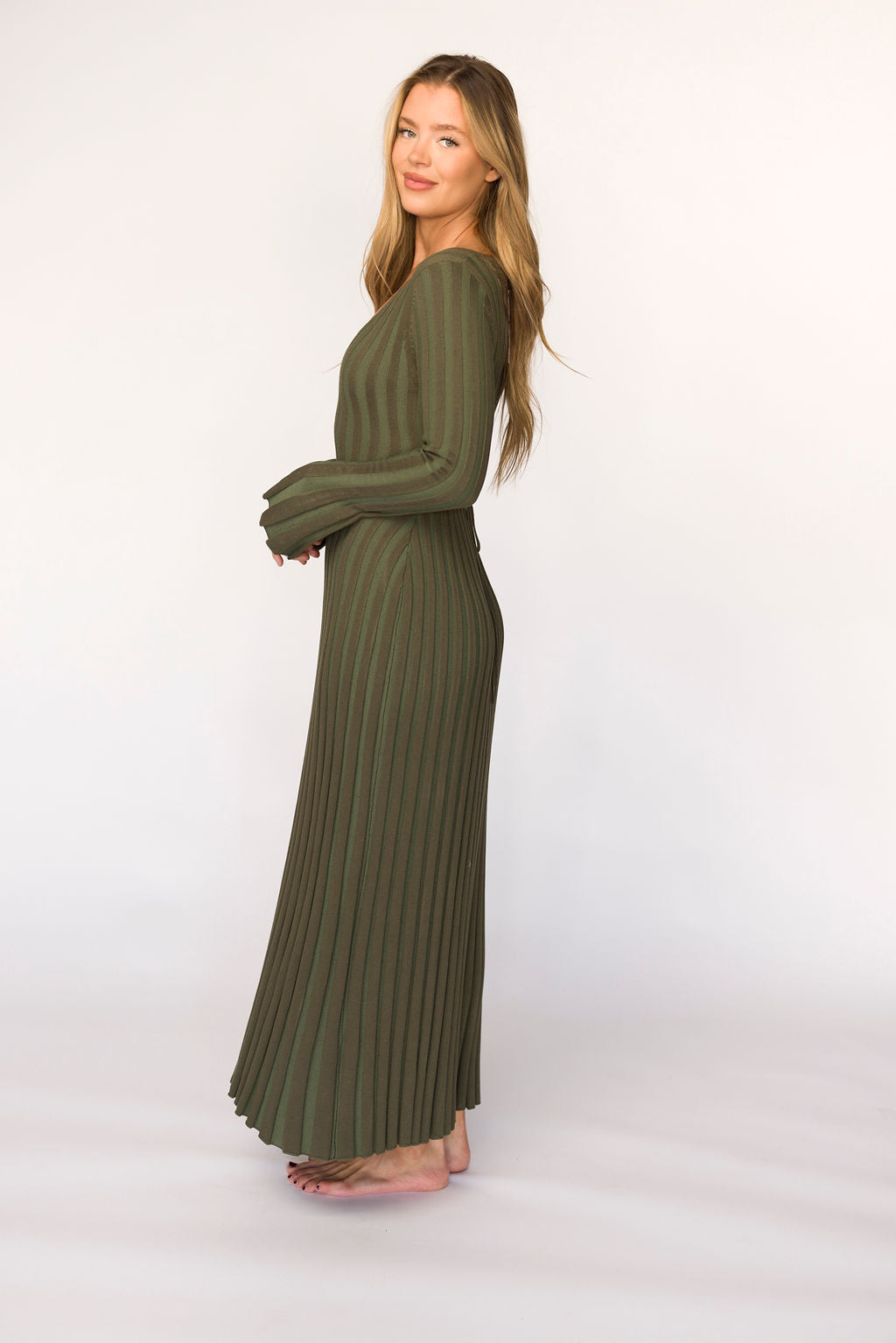 Hadley Long Sleeve V Neck Knit Maxi Dress in Olive - Bump Friendly Maternity Dress for Pregnancy, Nursing & Postpartum | Comfortable Stretchy Fabric for Casual Wear, Date Night & Special Occasions