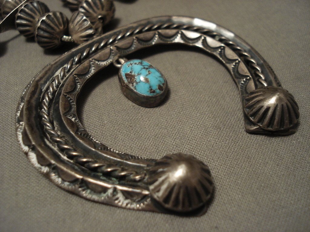 Vintage 1930s Navajo Native American Squash Blossom Necklace with Hogan Bead & Bisbee Turquoise - Handmade Southwest Jewelry for Women, Boho Fashion Accessory, Wedding Gift & Special Occasion Wear