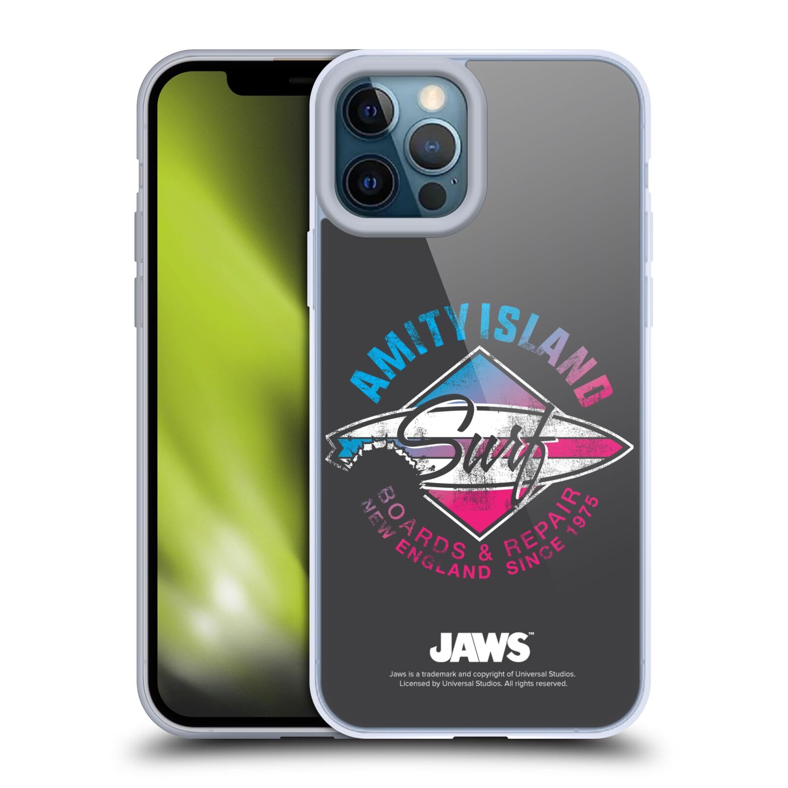 Officially Licensed Jaws Surf Key Art Soft Gel Case for Apple iPhone 12 Pro Max - Durable Protective Phone Cover with Unique Shark Design - Perfect for Beach, Surfing & Summer Outdoor Activities
