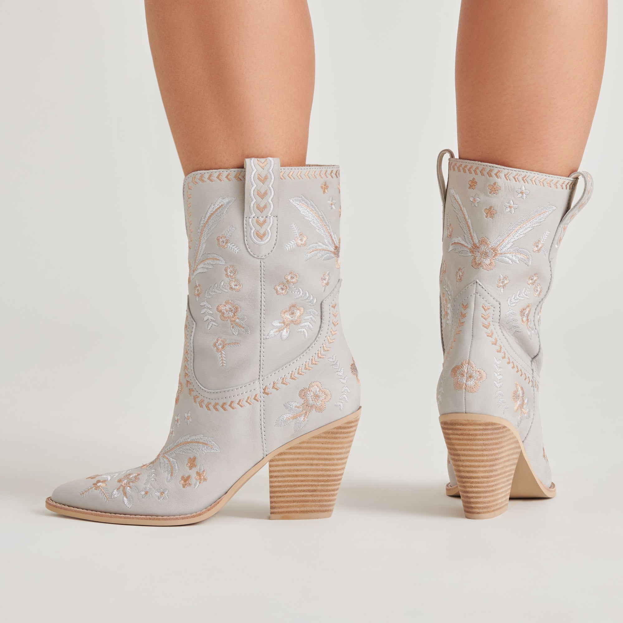 JESSEY Women's Light Blue Nubuck Floral Ankle Boots - Stylish Casual Shoes for Spring & Fall Outfits
