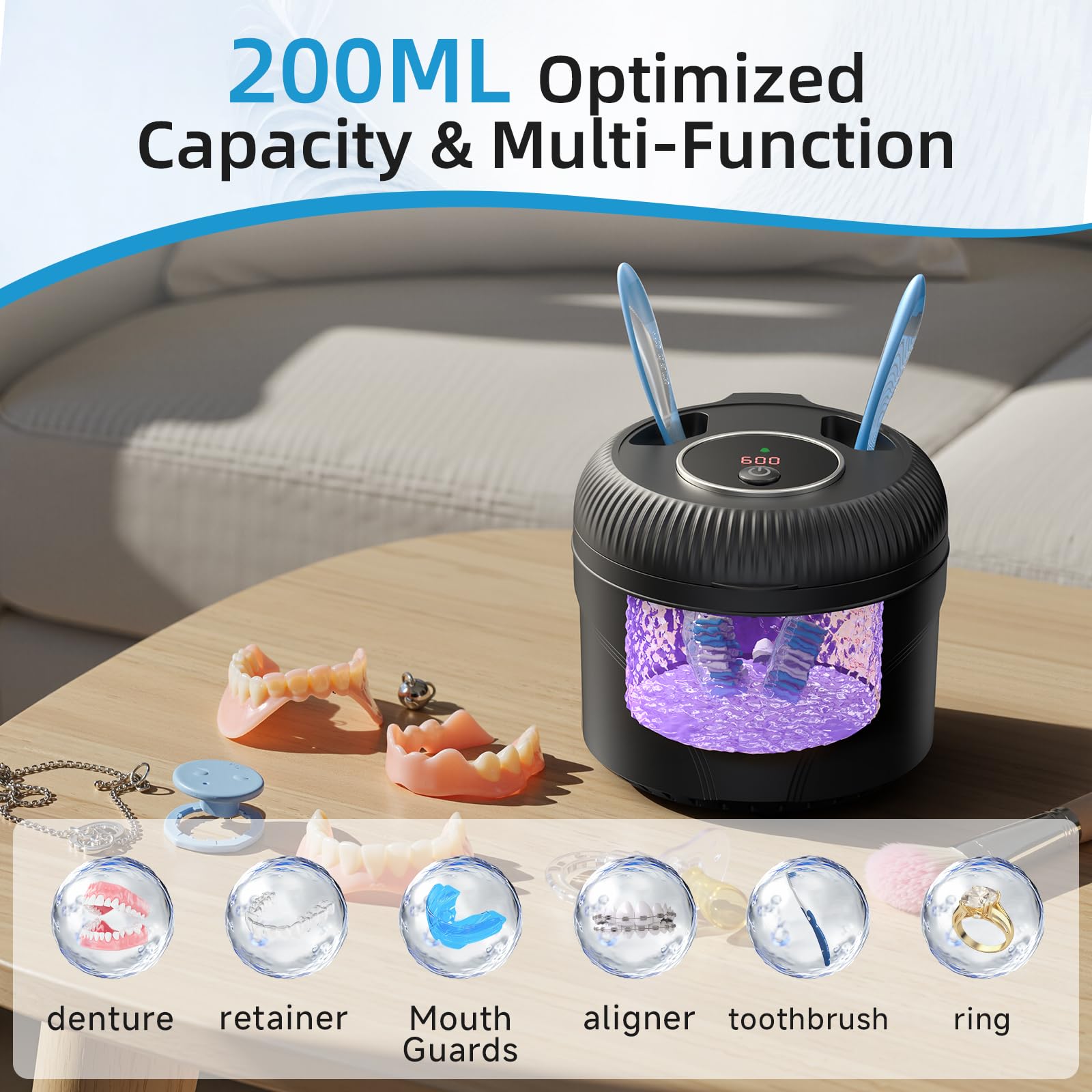 Ultrasonic Retainer Cleaner Machine - 45kHz Dental Appliance Cleaner for Dentures, Mouth Guards, Aligners & Jewelry | 4 Cleaning Modes with Digital Timer & 200ML Tank | Perfect for Daily Oral Care, Travel & Home Use