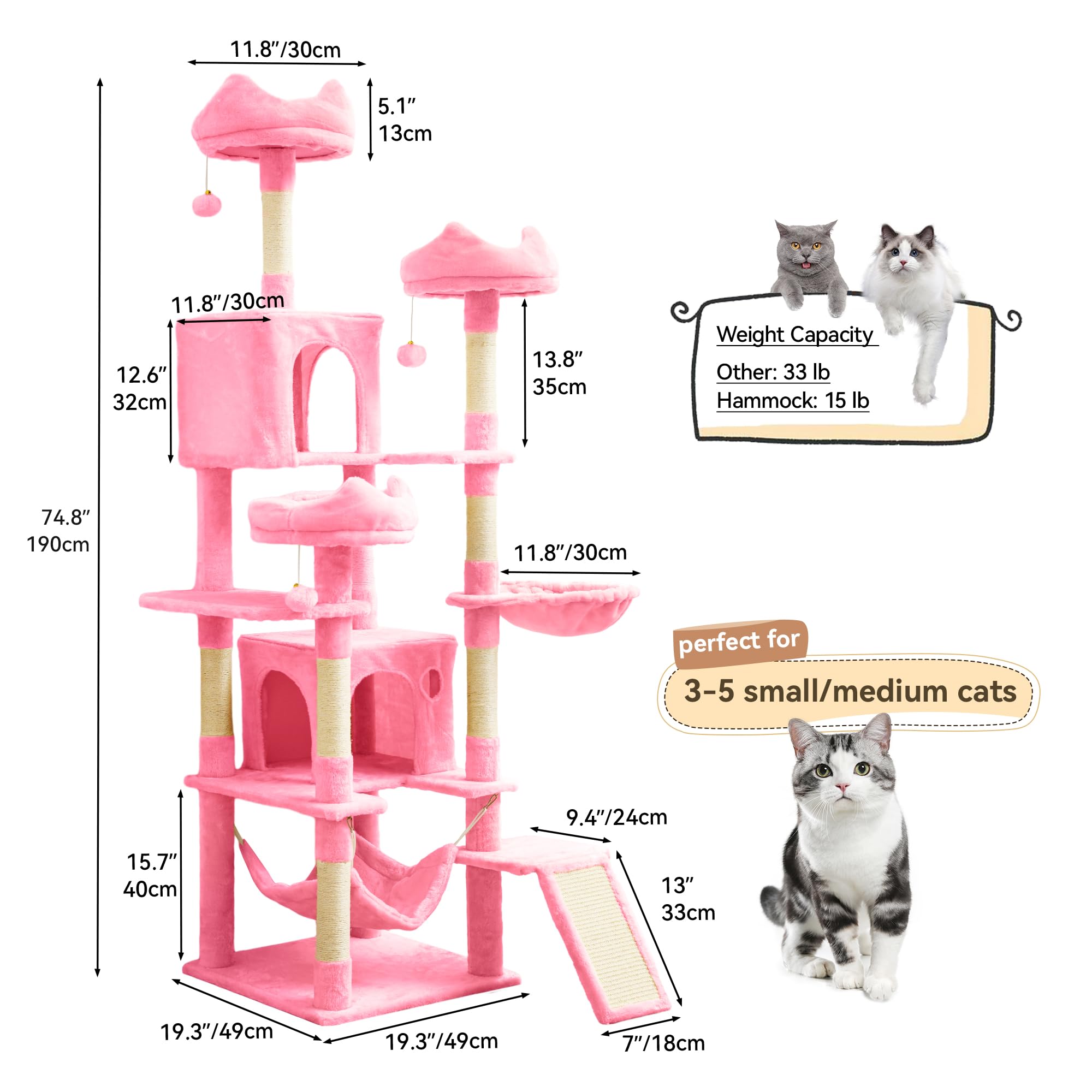 YITAHOME 75 Inch Tall Cat Tree for Indoor Cats - Multi-Level Cat Tower with Condos, Perches, Sisal Scratching Posts, Cozy Basket & Hammocks - Large Cat Activity Structure in Pink - Perfect for Play, Rest & Climbing in Home or Office