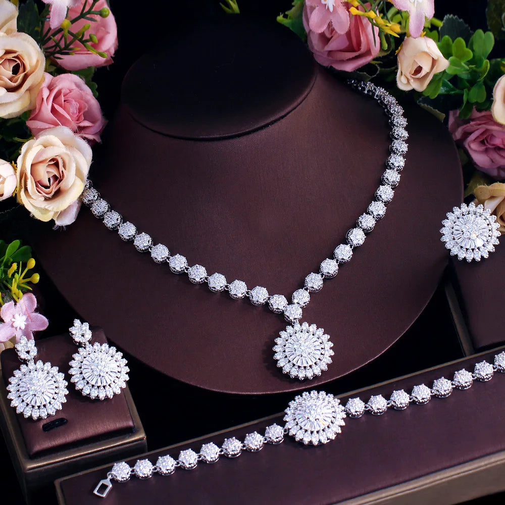 4-Piece White Cubic Zirconia Flower Jewelry Set for Women - Elegant Wedding Accessories, Bridal Party Jewelry, Costume Jewelry Set LYT0309 | Perfect for Weddings, Bridal Showers, and Special Occasions