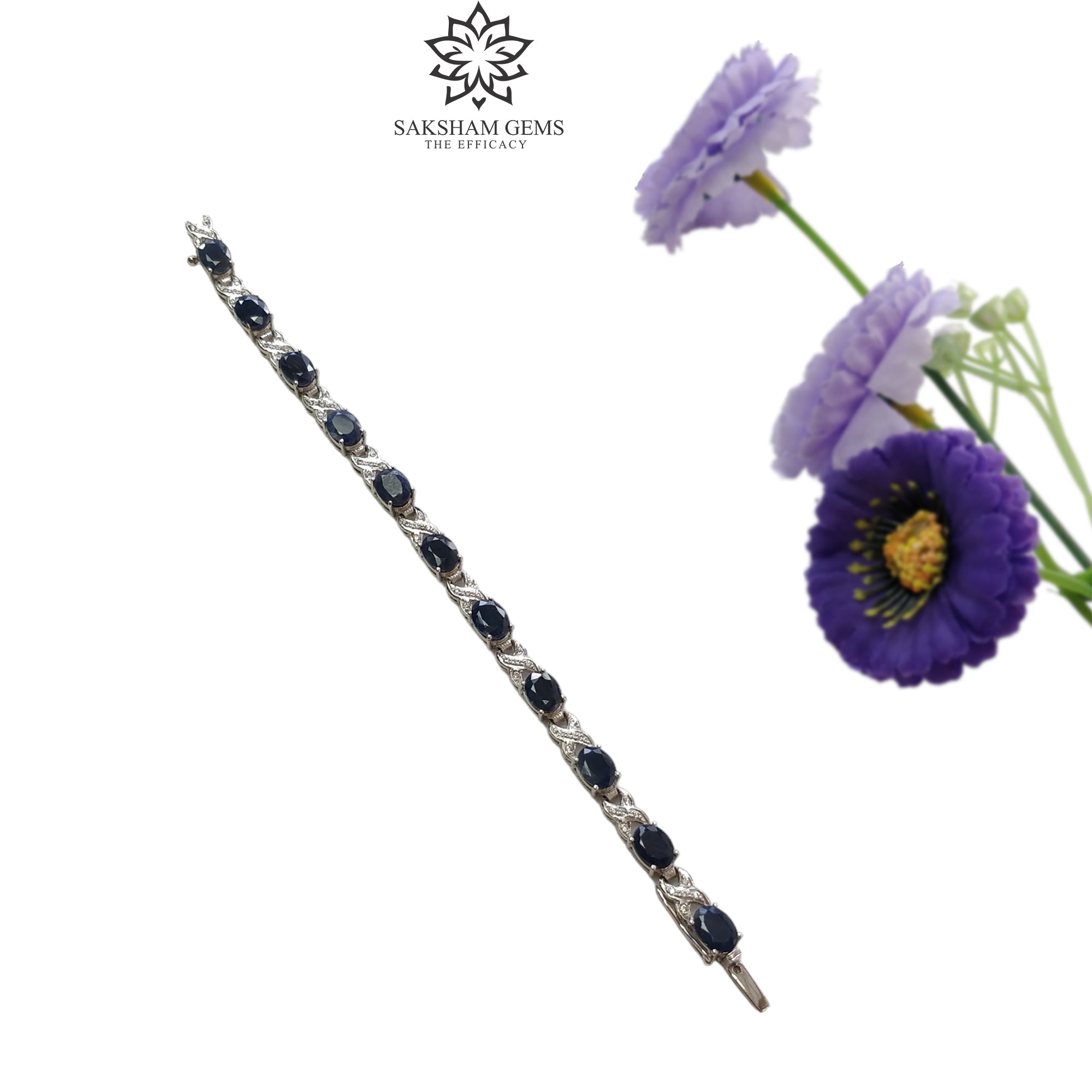 925 Sterling Silver Tennis Bracelet with Natural Blue Sapphire & CZ Stones - Oval Cut Prong Setting (7.5