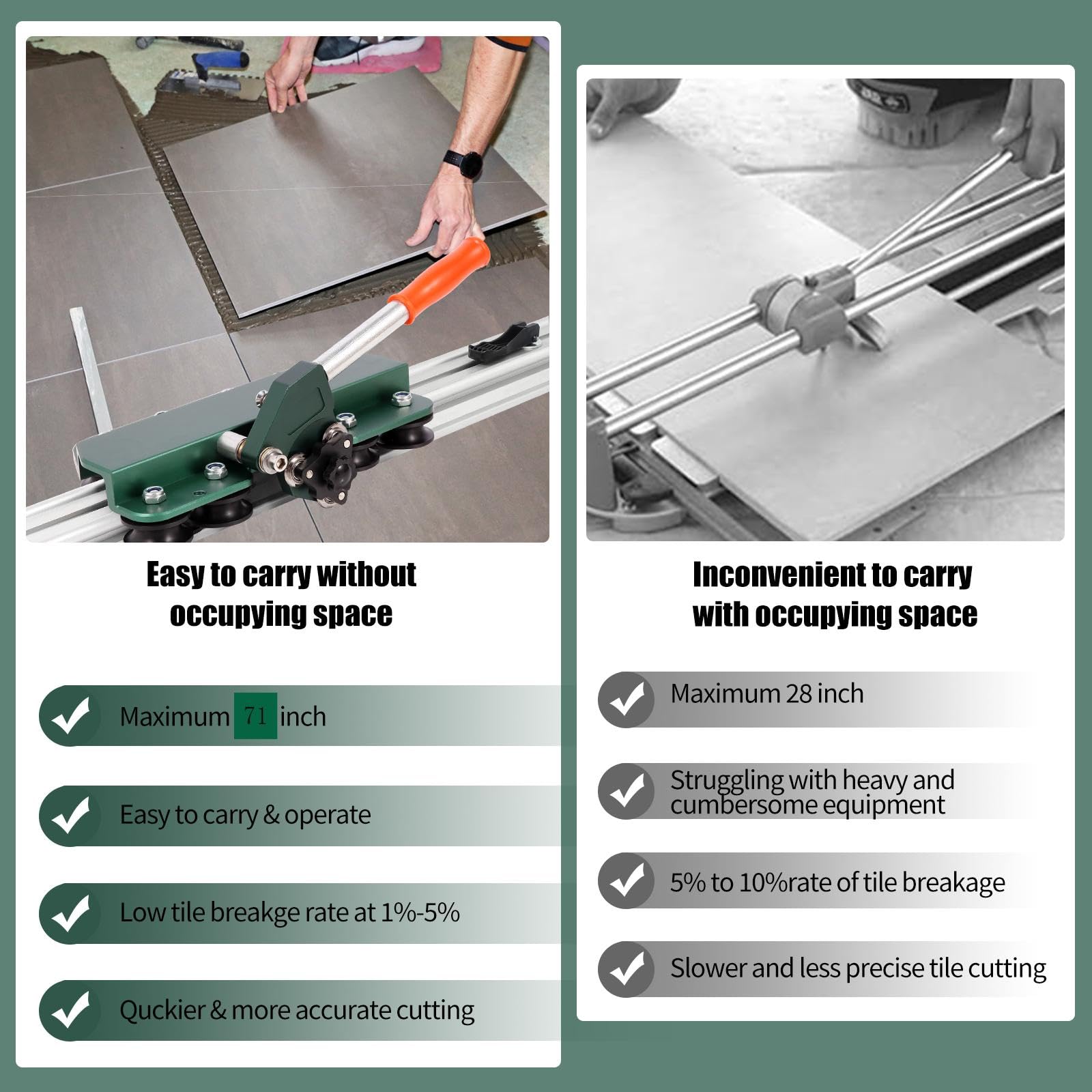 71-Inch Large Manual Tile Cutter - Heavy Duty Ceramic & Porcelain Tile Cutter with Built-in Suction Cups, Tile Pliers & 3 Push Knives - Cuts Up to 4.7-Inch Thick Tiles (Green) - Perfect for DIY Home Renovation, Bathroom & Kitchen Tile Installation