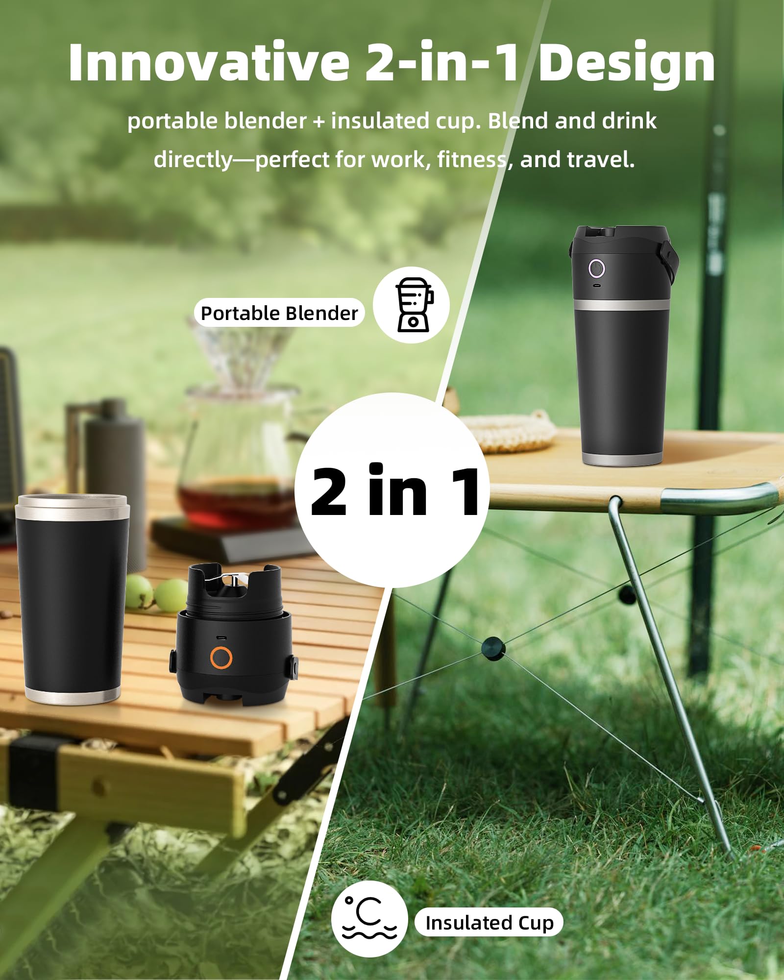 Portable Blender with Insulated Stainless Steel Cup - 20oz Personal Smoothie Maker with 11.1V High-Torque Motor, 24-Hour Cold Retention, USB-C Rechargeable & Self-Cleaning - Perfect for Travel, Gym, Office & Home Use - Includes Travel Lid (Black)