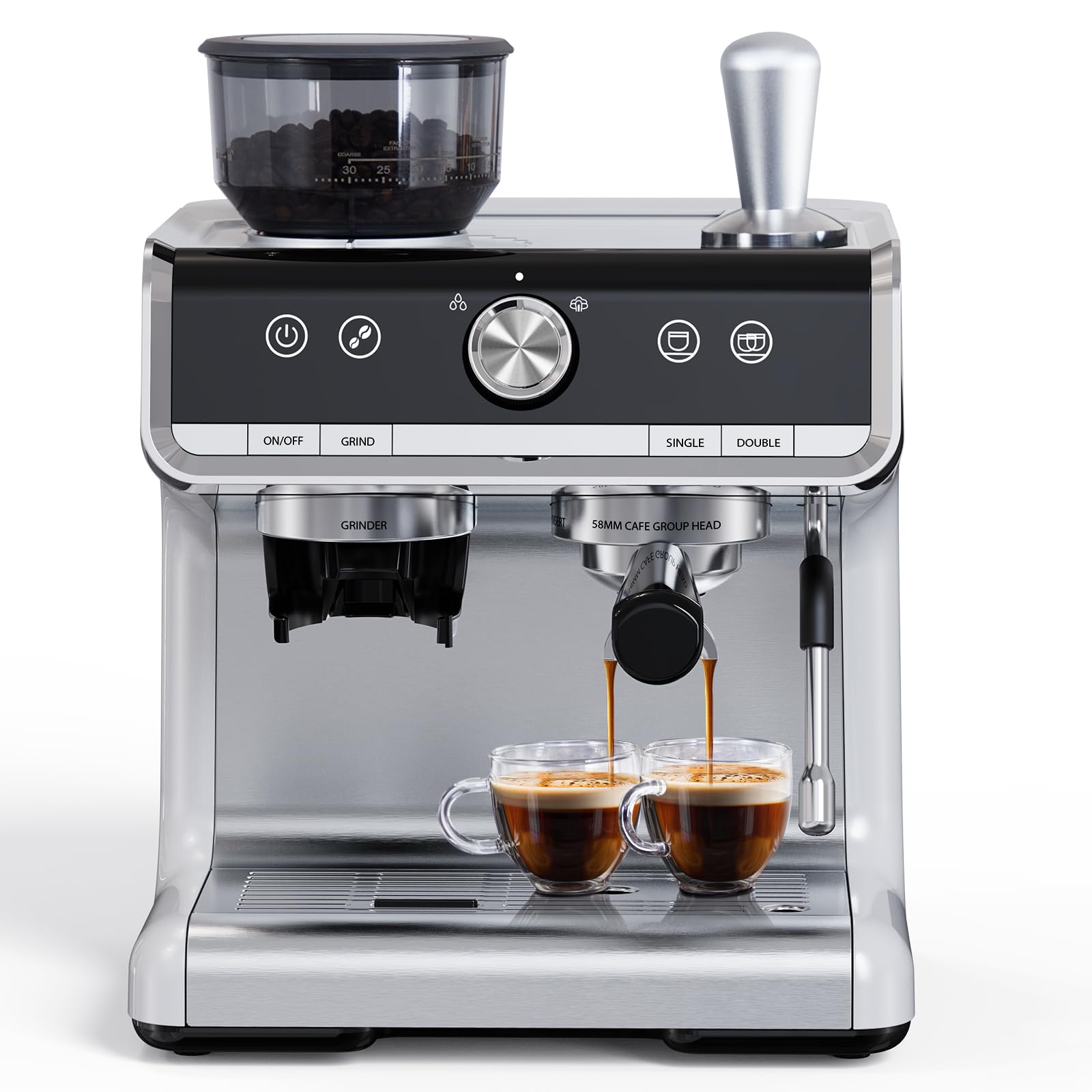 20 Bar Professional Espresso Machine with Built-in Grinder & Stainless Steel Milk Frother - 58mm Portafilter, Removable 2L Water Tank, 1450W - Perfect for Home Baristas & Office Coffee Stations (Ideal for Latte, Cappuccino & Espresso Drinks)