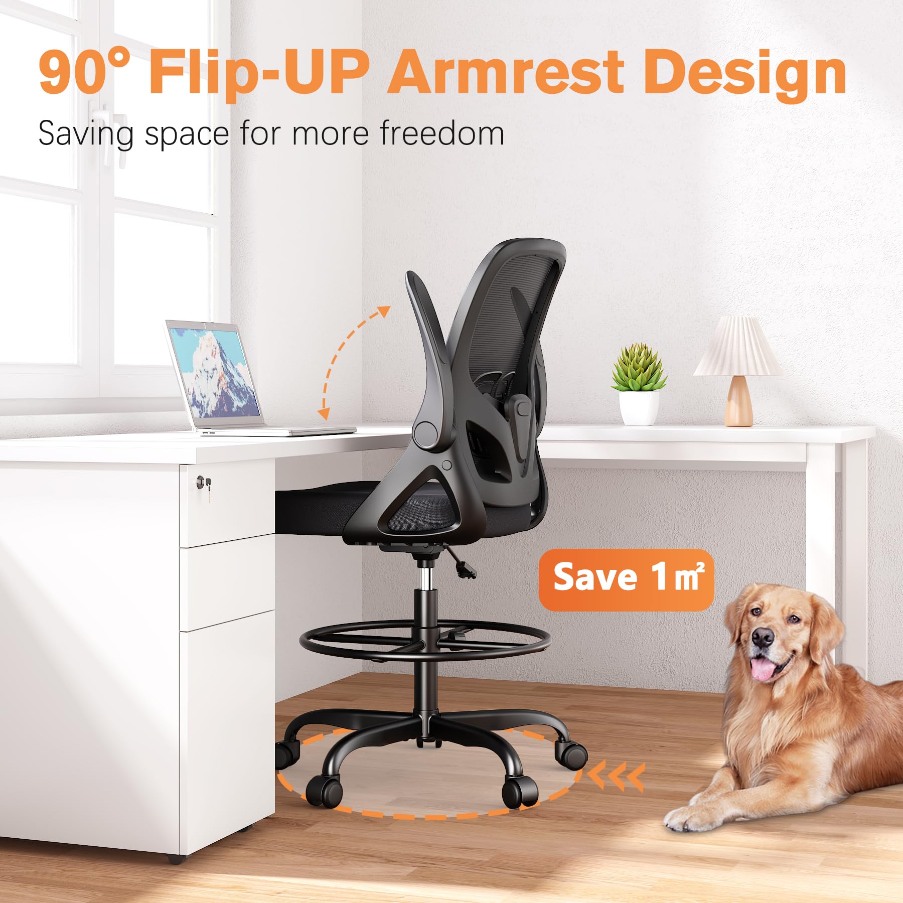 Ergonomic Tall Drafting Chair with Lumbar Support & Footrest - Adjustable Height Mesh Office Chair with Flip-Up Arms for Home & Work (Black) - Perfect for Architects, Designers & Long-Hour Computer Work