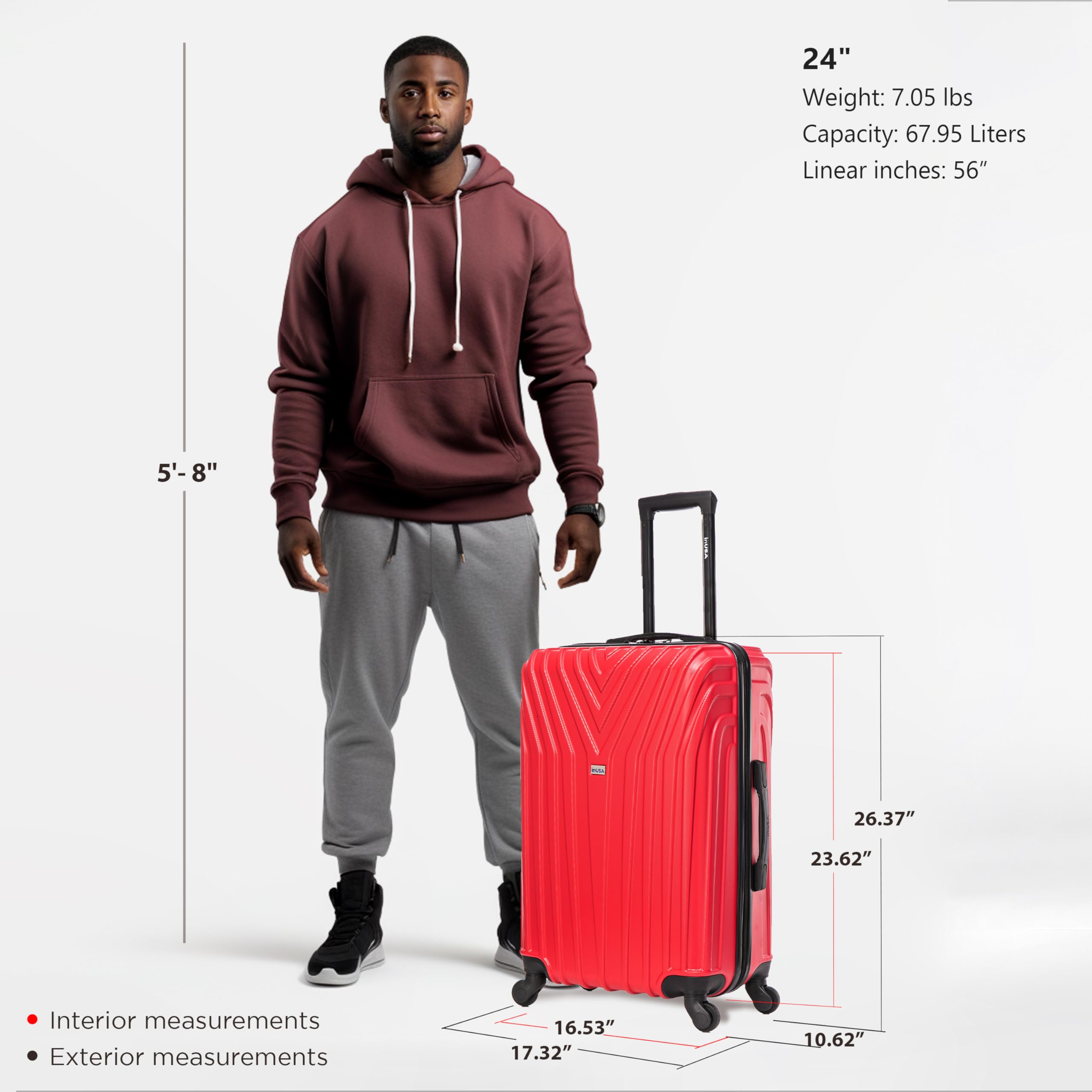 InUSA VASTY 24-Inch Hardside Spinner Luggage - Lightweight Durable Suitcase with Trolley Handle for Air Travel, Medium Checked Bag (Red) - Perfect for Business Trips, Family Vacations & International Travel