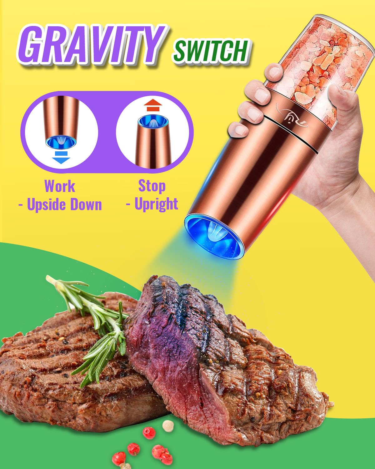 Premium Electric Gravity Salt and Pepper Grinder Set - Ceramic Rotor, Stainless Steel Body with Blue LED Light - Battery Powered Adjustable Coarseness Mill - One-Hand Operation - Perfect for Kitchen, Dining Table & Outdoor BBQ (Copper Finish)