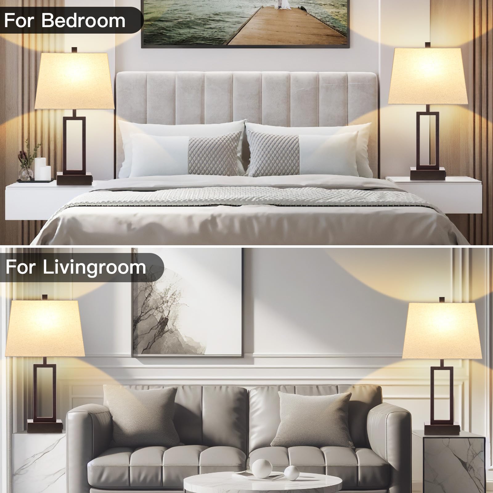 Modern Touch Control Table Lamps Set of 2 - Brown USB A+C Charging Bedside Lamps with AC Outlet & 3-Way Dimmable LED Lighting - Perfect for Bedroom Nightstands & Living Room End Tables (LED Bulbs Included) | Ideal for Reading, Working & Creating Cozy Ambiance