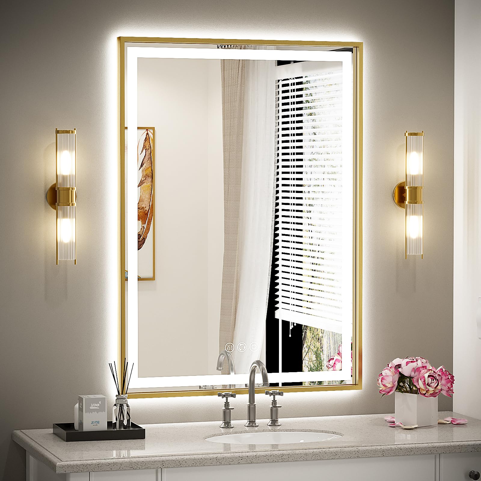 24x32 Inch LED Bathroom Mirror with Lights - Frontlit & Backlit Gold Metal Frame, Wall Mounted Vanity Mirror with Double Light Strips, Anti-Fog, Stepless Dimmable (3000K-6000K) - Perfect for Makeup, Shaving & Home Decor