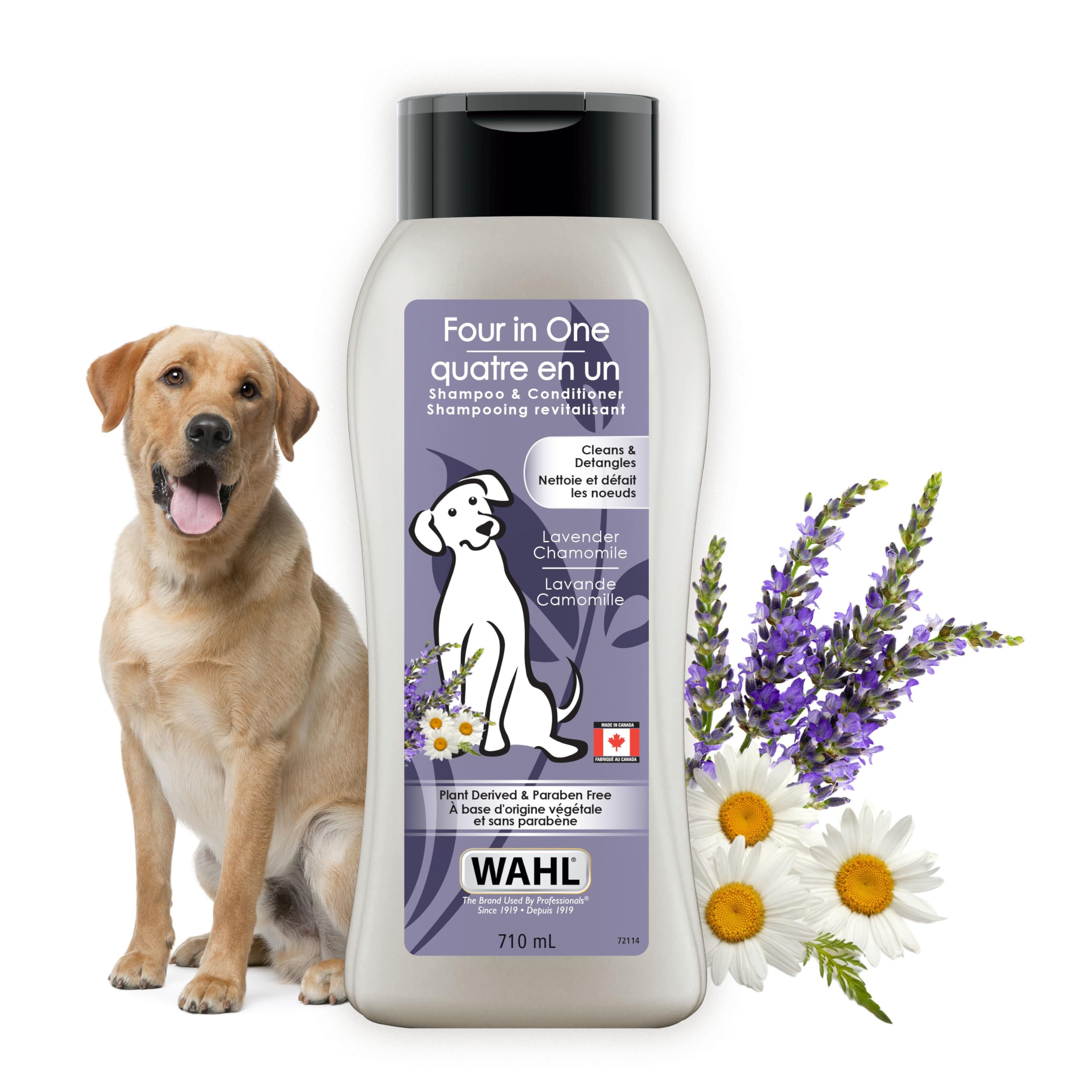 Wahl Canada 4-in-1 Dog Shampoo & Conditioner - Lavender Chamomile Scent, Plant-Based Formula for Cleaning, Conditioning, Detangling & Moisturizing | Paraben-Free, 700ml (Model 58318) | Made in Canada | Perfect for Bath Time & Grooming Sessions