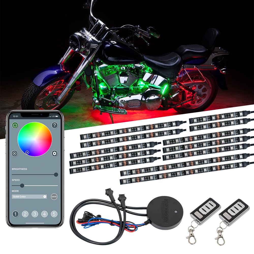 LEDGlow 12-Piece Bluetooth Motorcycle LED Light Kit - 16 Million Colors, Smartphone App Control, Dual Zone & Brake Light Features, Waterproof Design - Perfect for Night Riding, Bike Shows & Custom Motorcycle Lighting