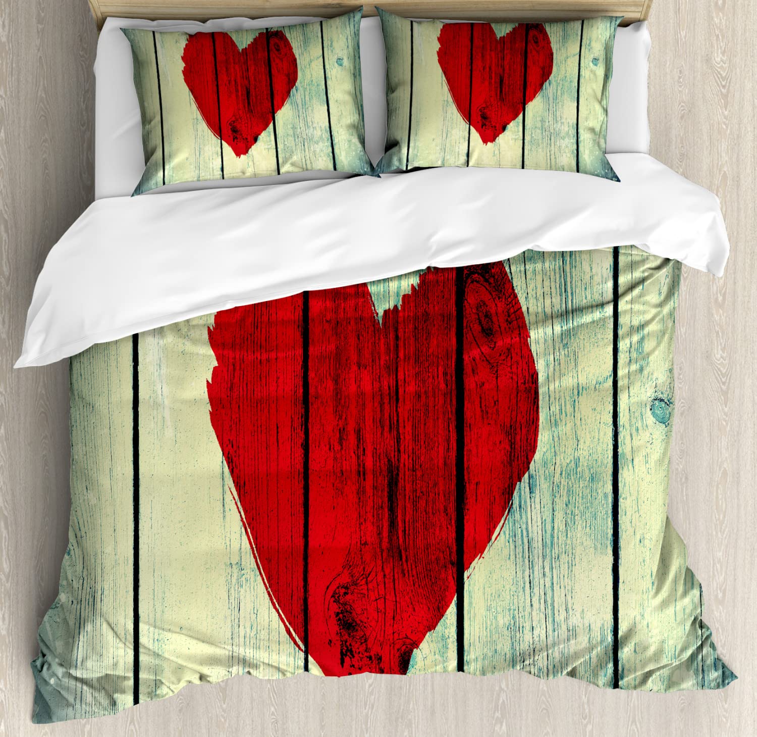 Ambesonne Love Themed Duvet Cover Set - Heart Painted on Rustic Wooden Wall Design, Romantic Bedding Set with 2 Duvet Covers & 4 Pillowcases, 2 Pack California King Size in Red & Pale Green - Perfect for Valentine's Day, Anniversary Gifts or Couples Bedroom Decor