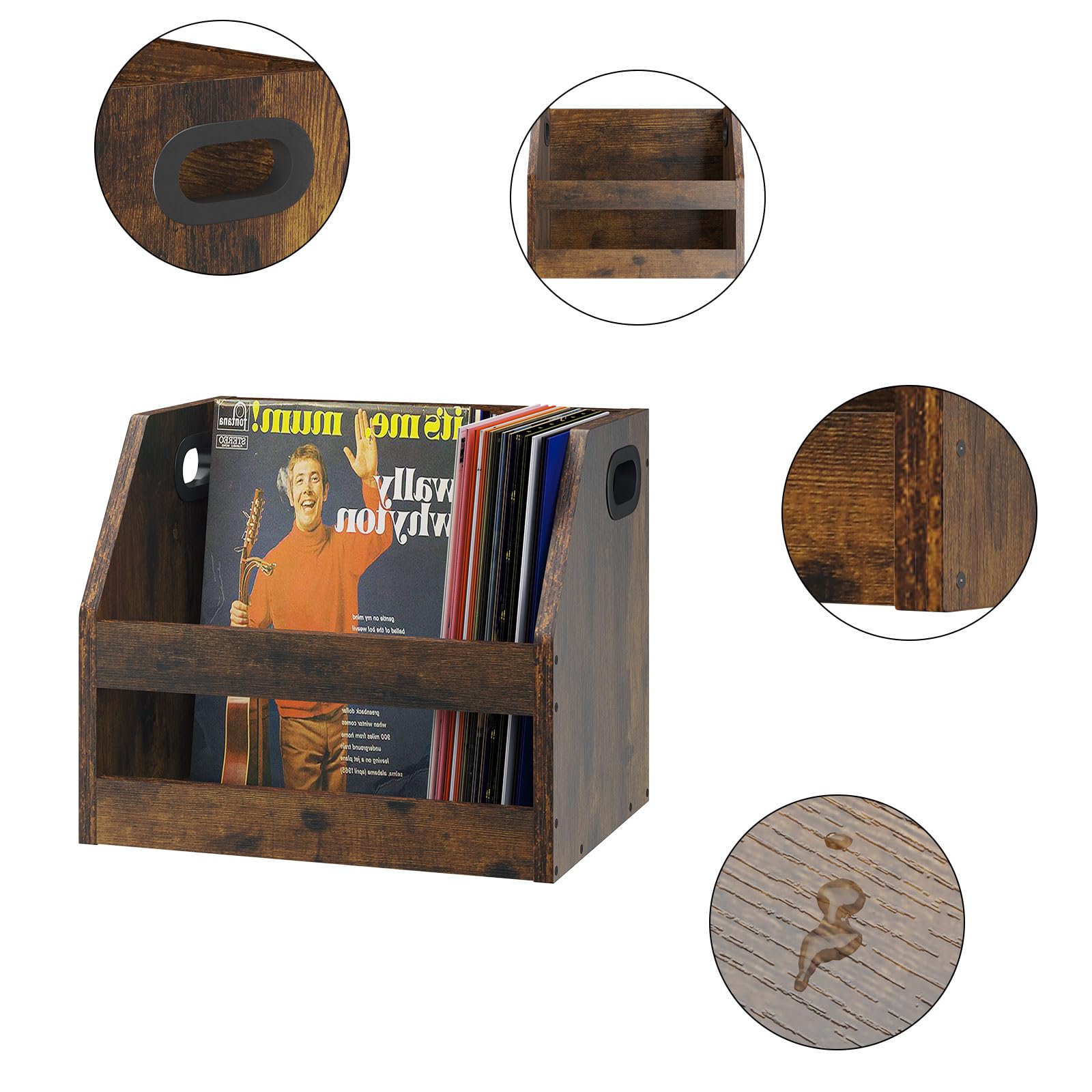 YMYNY Wooden Vinyl Record Storage Box with Handle - Rustic Brown LP Album Organizer for Books, Folders & Photo Albums - 14.96 x 11.42 x 11.42 Inches - Perfect for Living Room, Office & Music Studio Decor