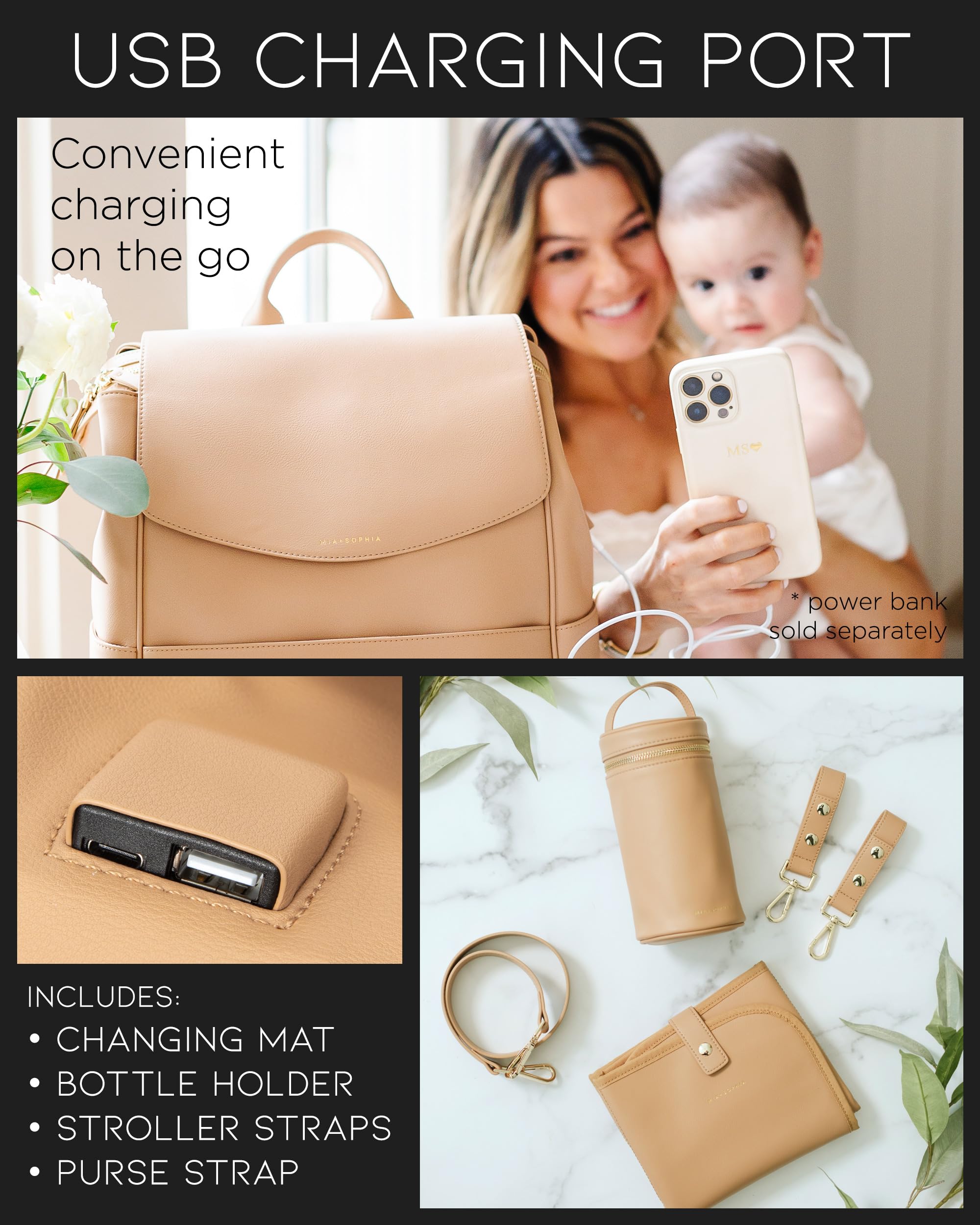 MIA + SOPHIA Premium Leather Diaper Bag Backpack - Waterproof Baby Changing Bag with Insulated Bottle Pockets, Stroller Straps & Removable Changing Pad | Perfect for Travel, Daycare & On-the-Go Parents