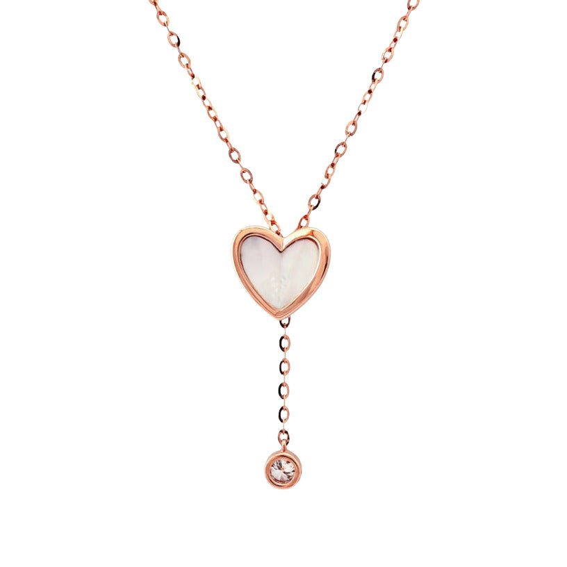 14k Rose Gold Mother of Pearl Heart & Diamond Drop Lariat Necklace - Elegant Layered Pendant for Women, Perfect for Valentine's Day, Anniversary & Special Occasions