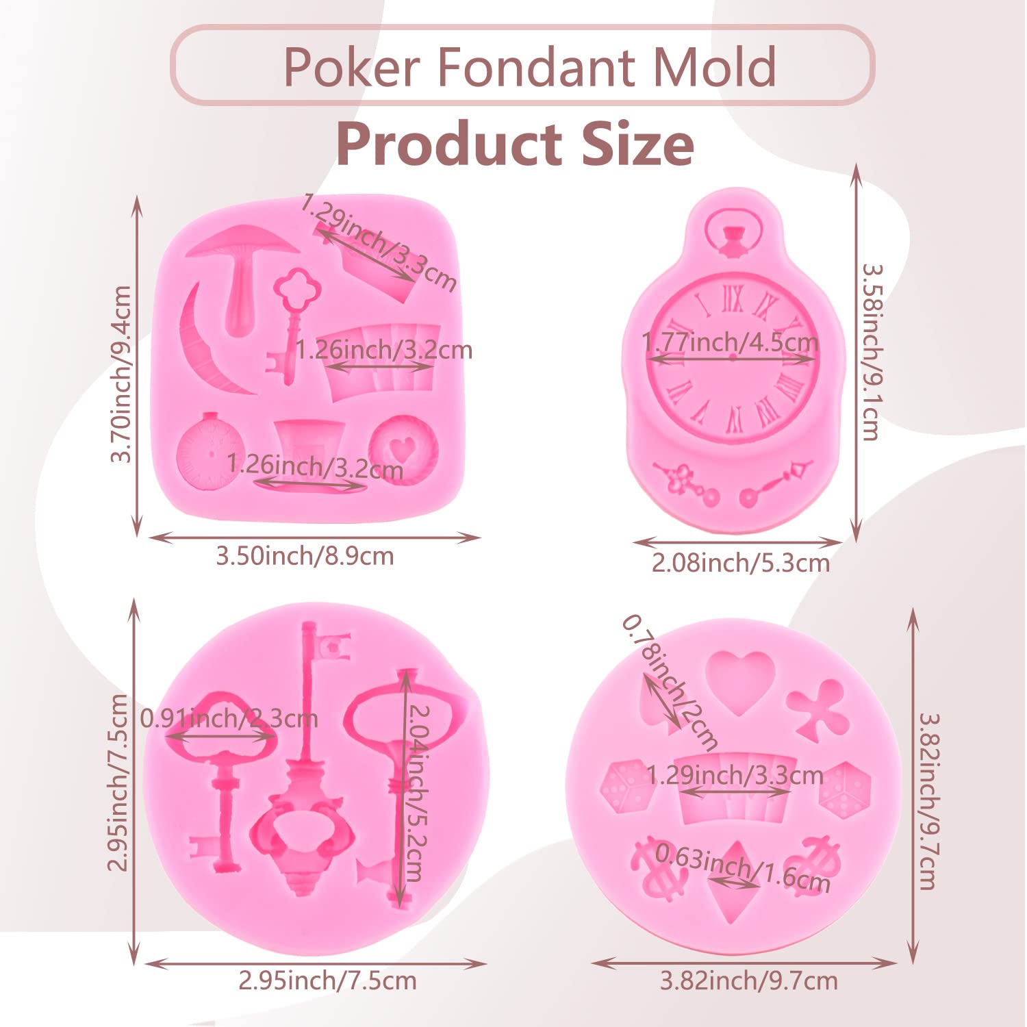 Alice in Wonderland Poker Theme Fondant Molds Set - 4PC Silicone Cake Decorating Kit (Hat, Key, Clock, Cards) for Cupcake Toppers, Chocolate, Gum Paste & Polymer Clay - Perfect for Tea Party, Birthday & Cosplay Events