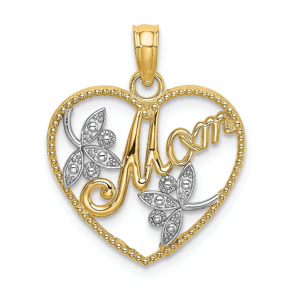 14K Two-Tone Gold Beaded Heart Charm with Mom White Double Leaf Pendant - Elegant Jewelry Gift for Mother's Day, Anniversary & Special Occasions