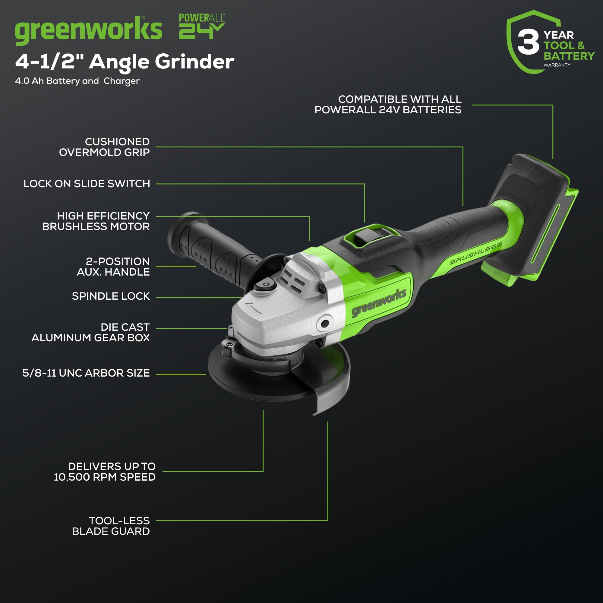 Greenworks 24V Brushless Cordless Angle Grinder with 4Ah Battery & USB Power Bank - Perfect for DIY Projects, Metal Cutting, and Woodworking