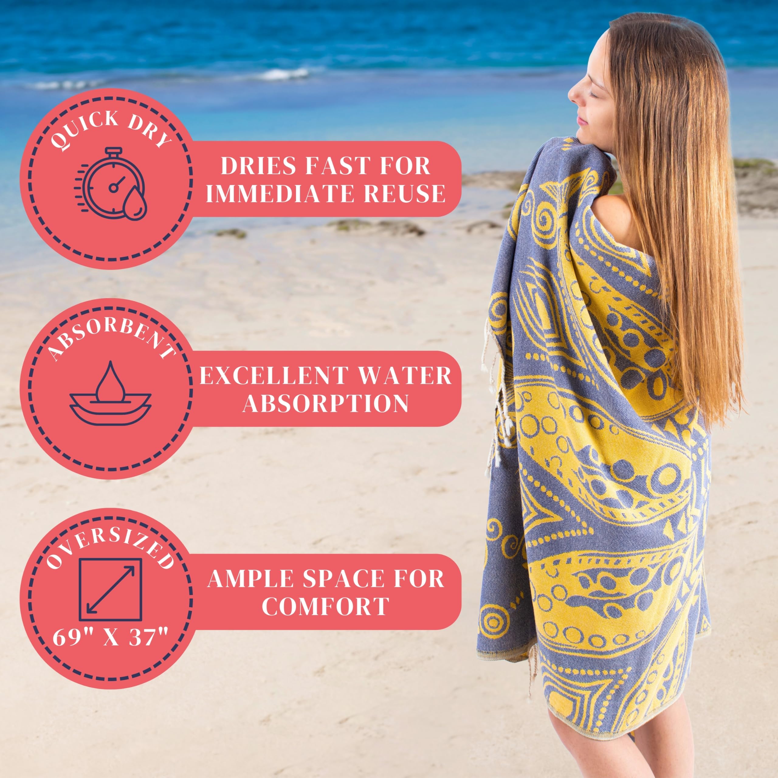 Large Turkish Beach Towel 69x37 Inch - Ultra Absorbent Quick Dry Lightweight Travel Towel for Pool, Beach, Yoga & Gym - Perfect Summer Vacation Accessory
