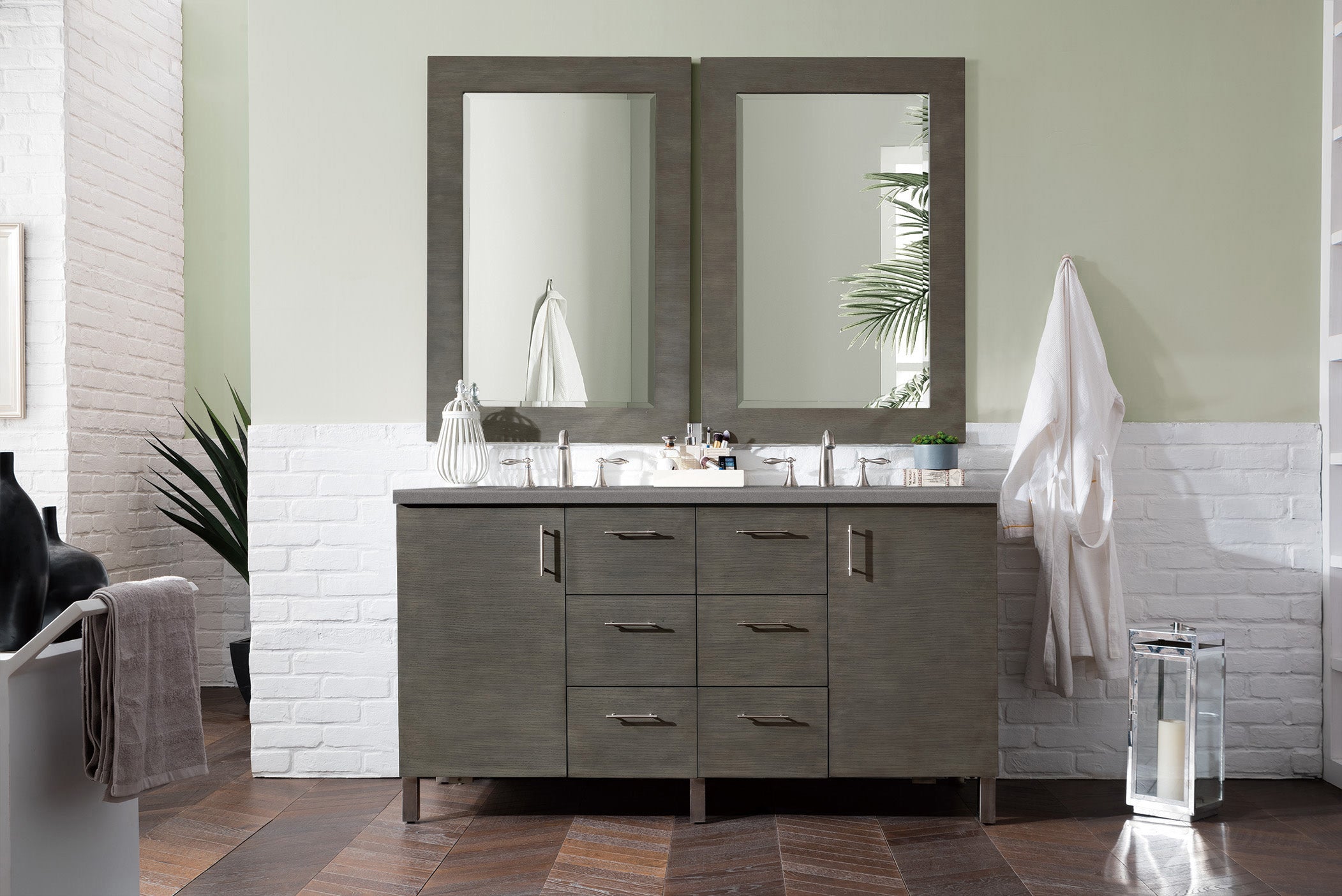Metropolitan 60 Inch Double Bathroom Vanity in Silver Oak with 3CM Grey Expo Quartz Countertop - Perfect for Master Bathroom or Guest Bath Renovation