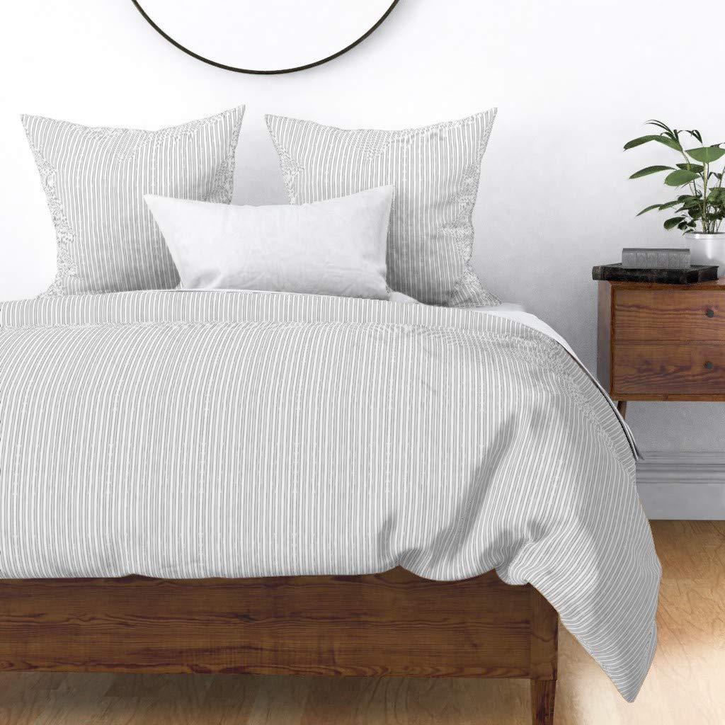 Premium Spoonflower Cotton Sateen Duvet Cover King/California King - Small Grey French Stripe Midcentury Modern Farmhouse Design | Custom Printed Bedding Set for Master Bedroom, Guest Room & Vacation Home Decor