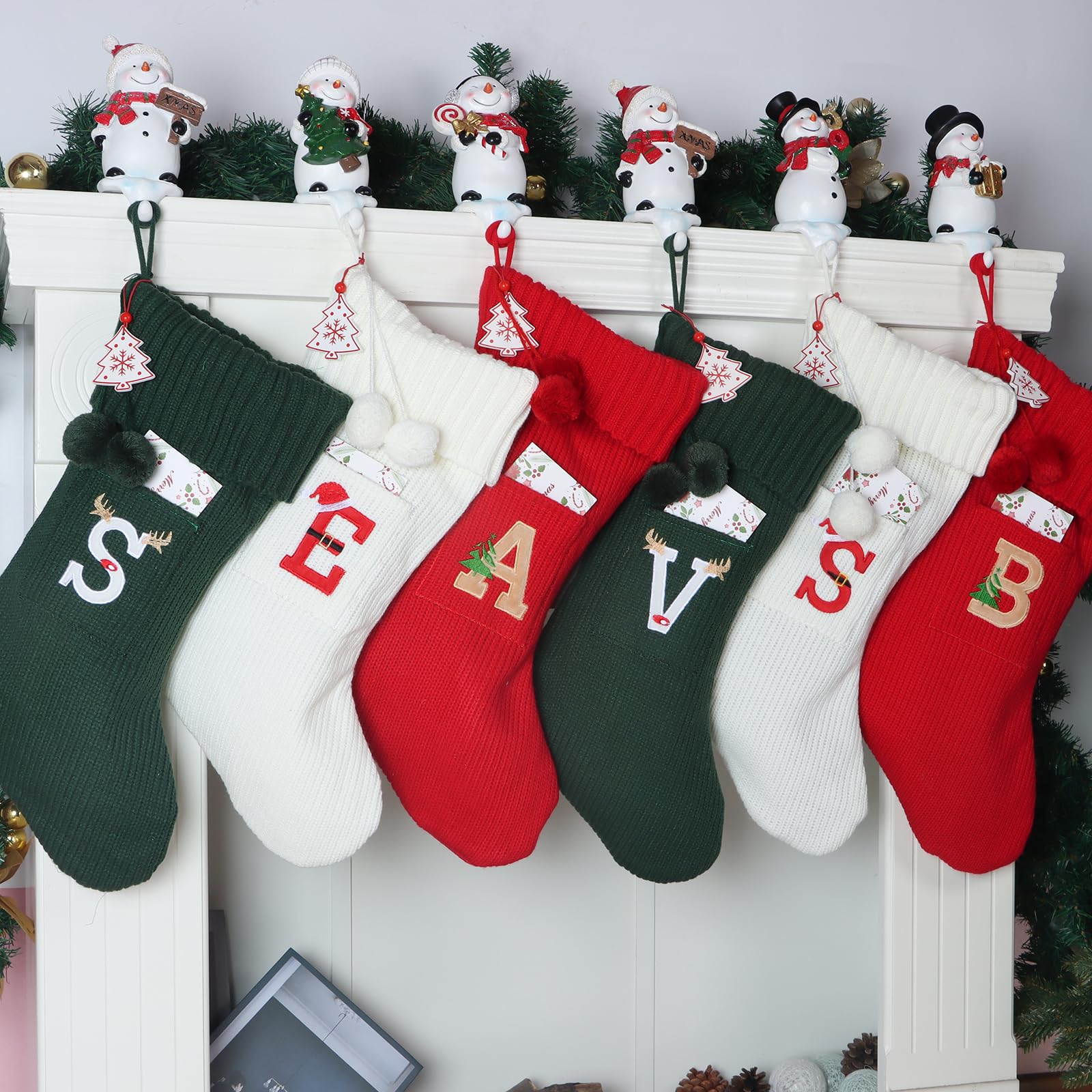 18 Inch Large Knit Personalized Christmas Stockings with Monogram Initial - Family Xmas Home Decor in White, Red & Green - Perfect for Fireplace, Tree & Holiday Decorations