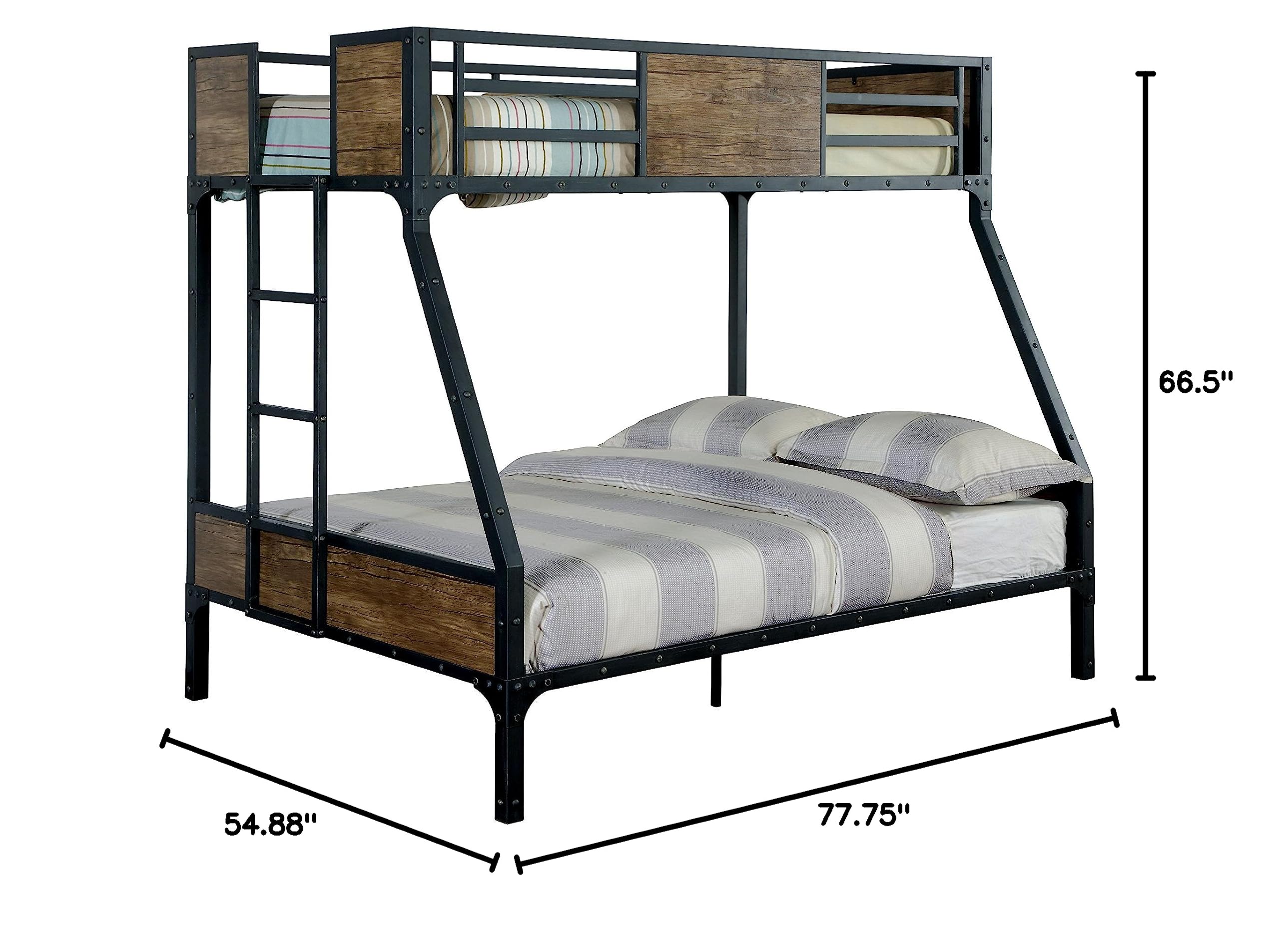 Furniture of America Megyver Two-Level Industrial Metal Bunk Bed - Twin Over Full Size - Black - Space Saving Bed for Kids, Teens & Guest Rooms