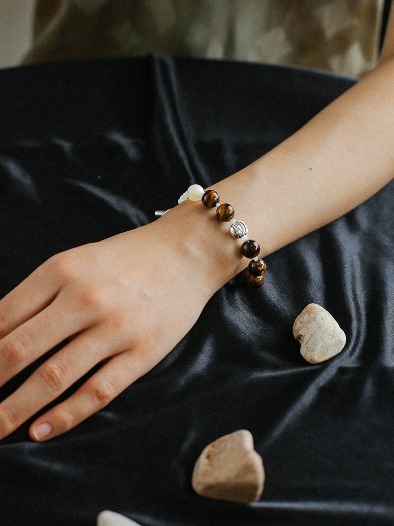 Elegant Tiger's Eye & Silver Shell Beaded OT Bracelet for Women - Boho Chic Handmade Jewelry for Beach Parties & Spiritual Healing