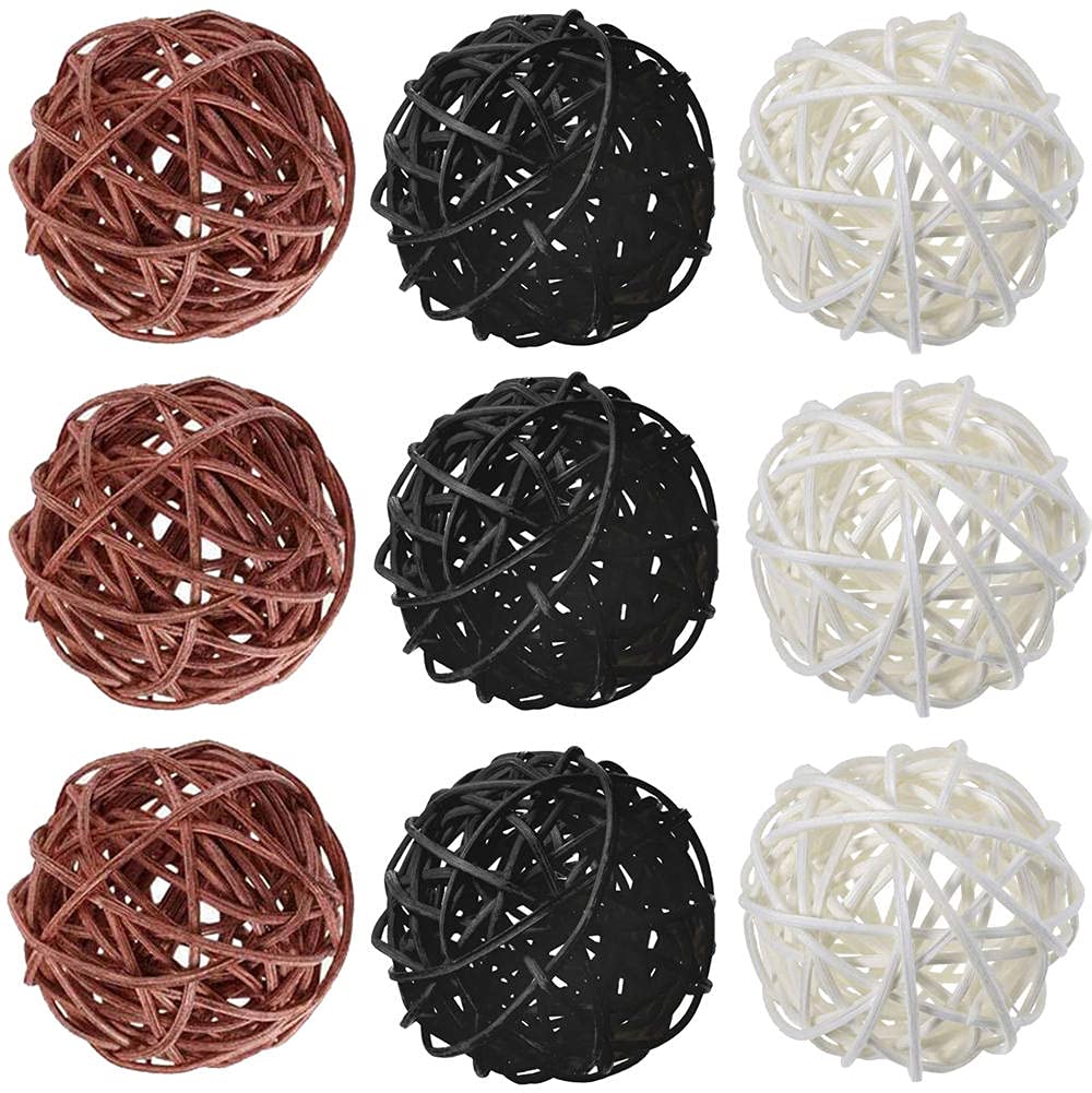 9-Piece 3-Inch Wicker Ball Decor Set - Natural Rattan Balls for Home Decor, DIY Vase Filler, Table Centerpiece, Wedding & Nursery Decoration (White, Black, Brown) - Perfect for Boho, Farmhouse & Rustic Interior Styling