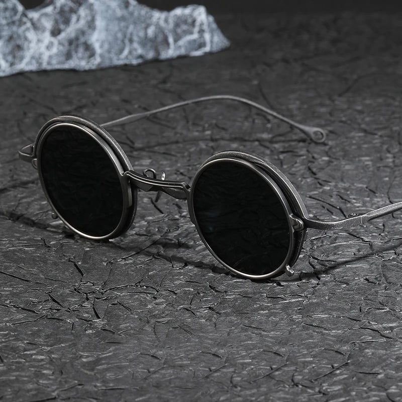 Stylish Unisex Black Titanium Round Eyeglasses with Clip-On Sunglasses - Perfect for Outdoor Activities, Driving & Fashion Accessories