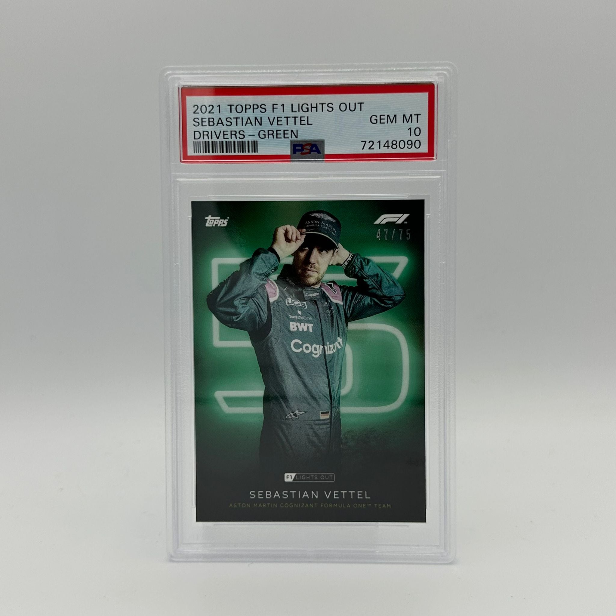 PSA 10 47/75 Sebastian Vettel Green Parallel Racing Card - Rare Collectible F1 Memorabilia for Sports Fans & Card Collectors - Perfect for Display, Trading, and Investment