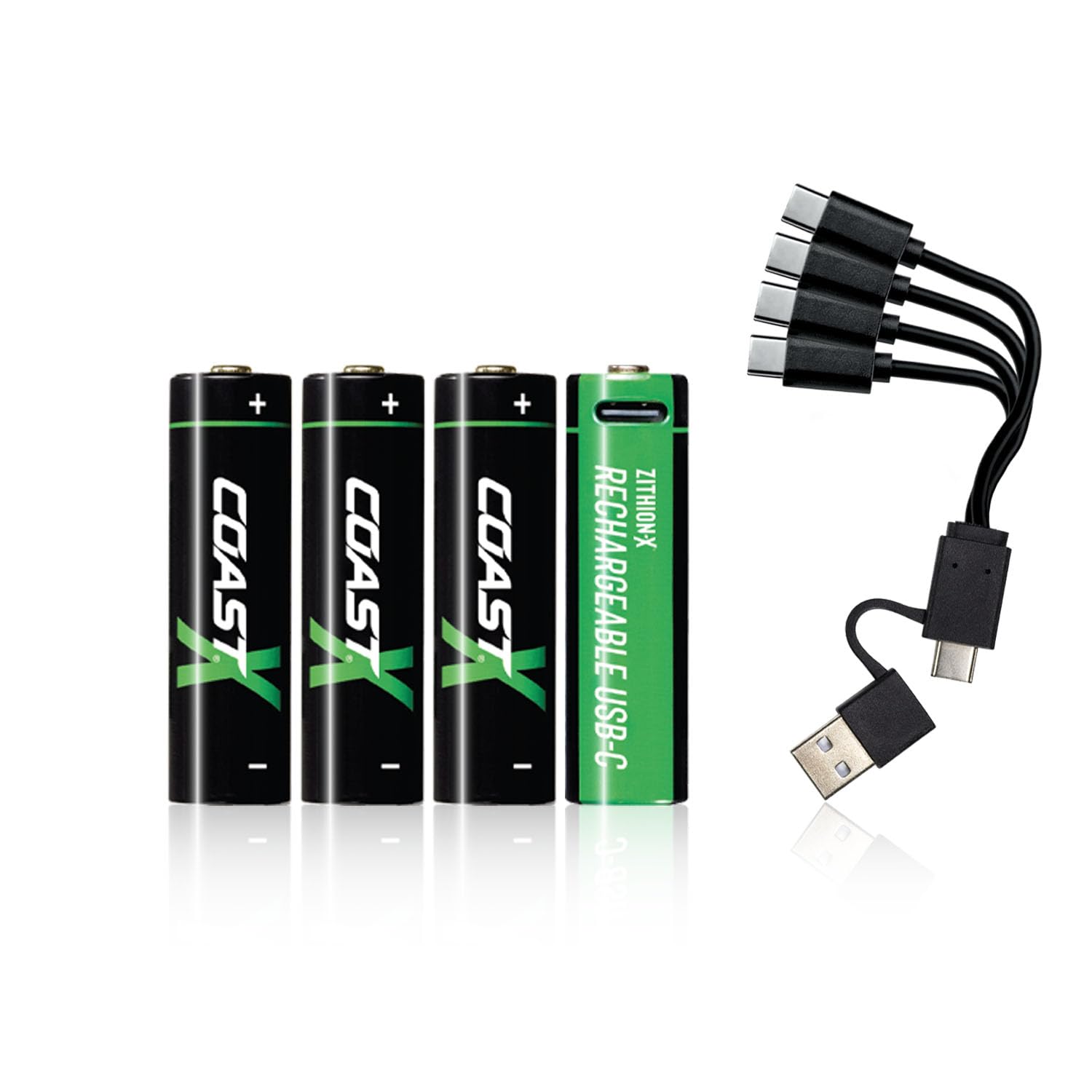Coast AA USB-C Rechargeable Lithium Ion Batteries 1.5V 2400mAh - 4 Pack with Fast Charging Cable | 2.5 Hour Charge Time, Long Lasting Power for Cameras, Flashlights, Toys & Electronics | ZITHION-X Technology