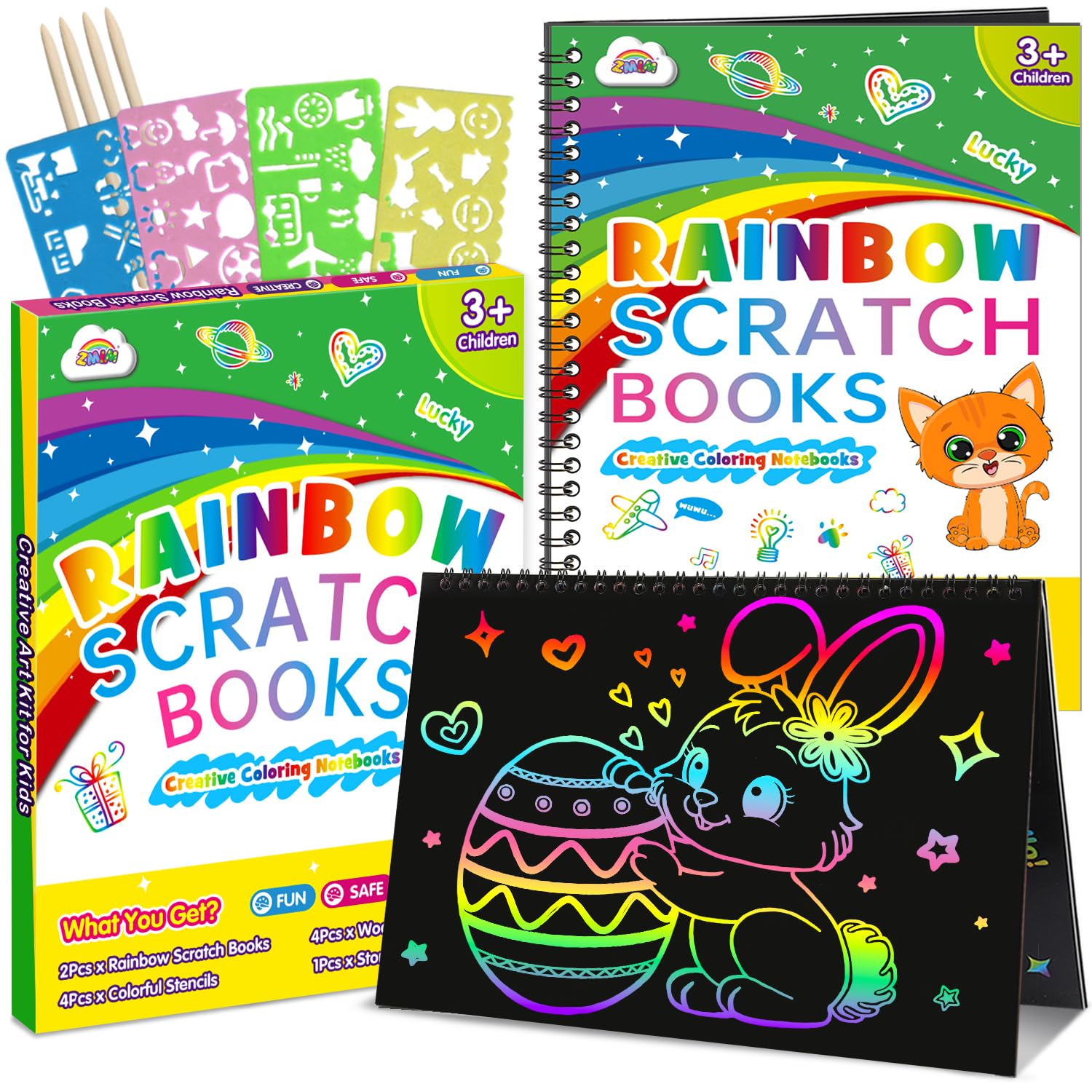 ZMLM Scratch Paper Art Craft: 2 Pack Rainbow Scratch Set for Kids Ages 4-8 - Black Magic Drawing Coloring Kit, Easter Basket Stuffers, Birthday Party Favors, Classroom Activities, Travel Toys for Girls & Boys